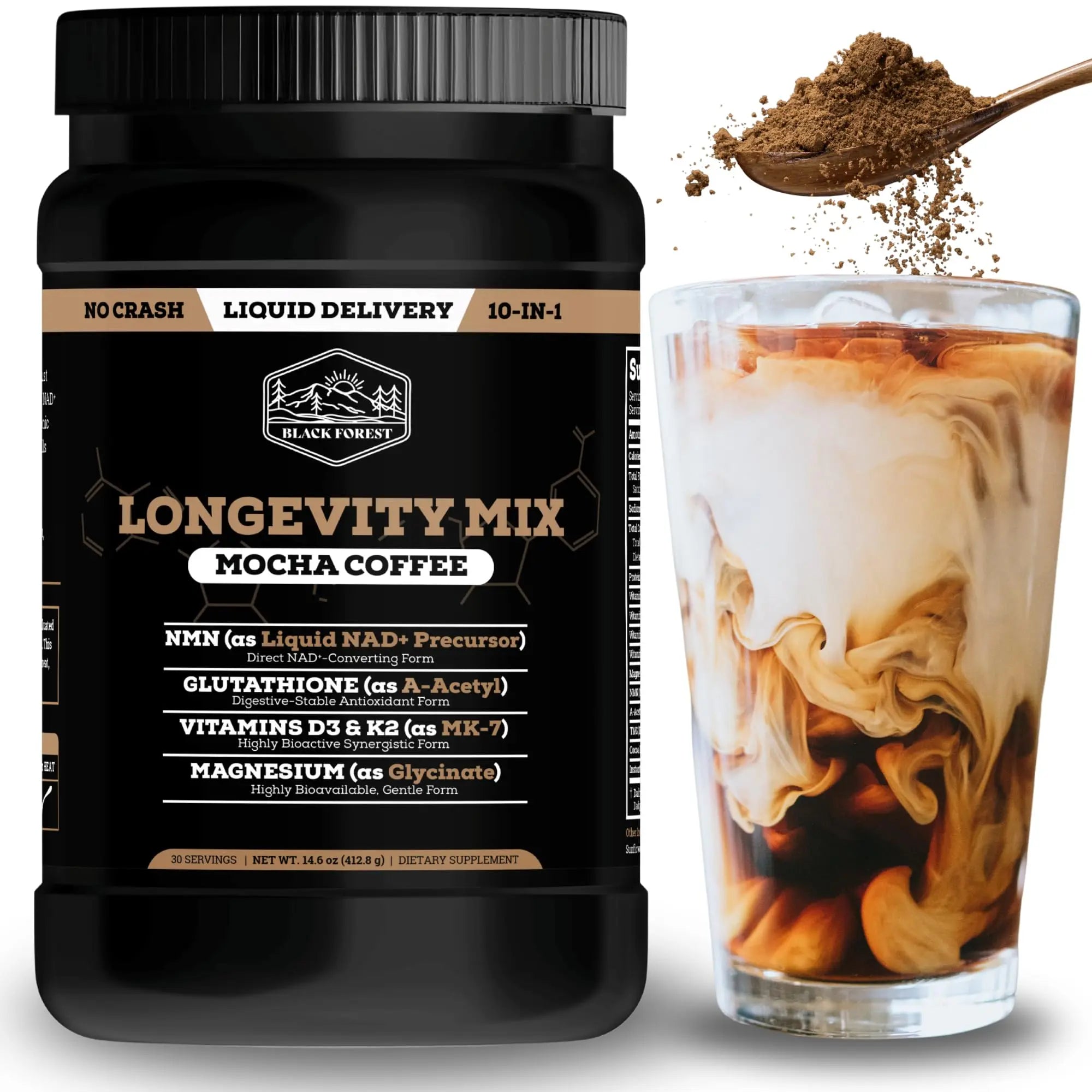 Black Forest Longevity Mix Liquid NAD+ Alternative Mocha Coffee 10-in-1 with NMN 250mg, Glutathione 250mg, TMG, Magnesium Glycinate, Vitamins D3 K2 C B12, High Polyphenol Cocoa, 30 Servings Black Forest uk supplements