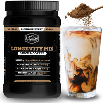 Black Forest Longevity Mix Liquid NAD+ Alternative Mocha Coffee 10-in-1 with NMN 250mg, Glutathione 250mg, TMG, Magnesium Glycinate, Vitamins D3 K2 C B12, High Polyphenol Cocoa, 30 Servings Black Forest uk supplements