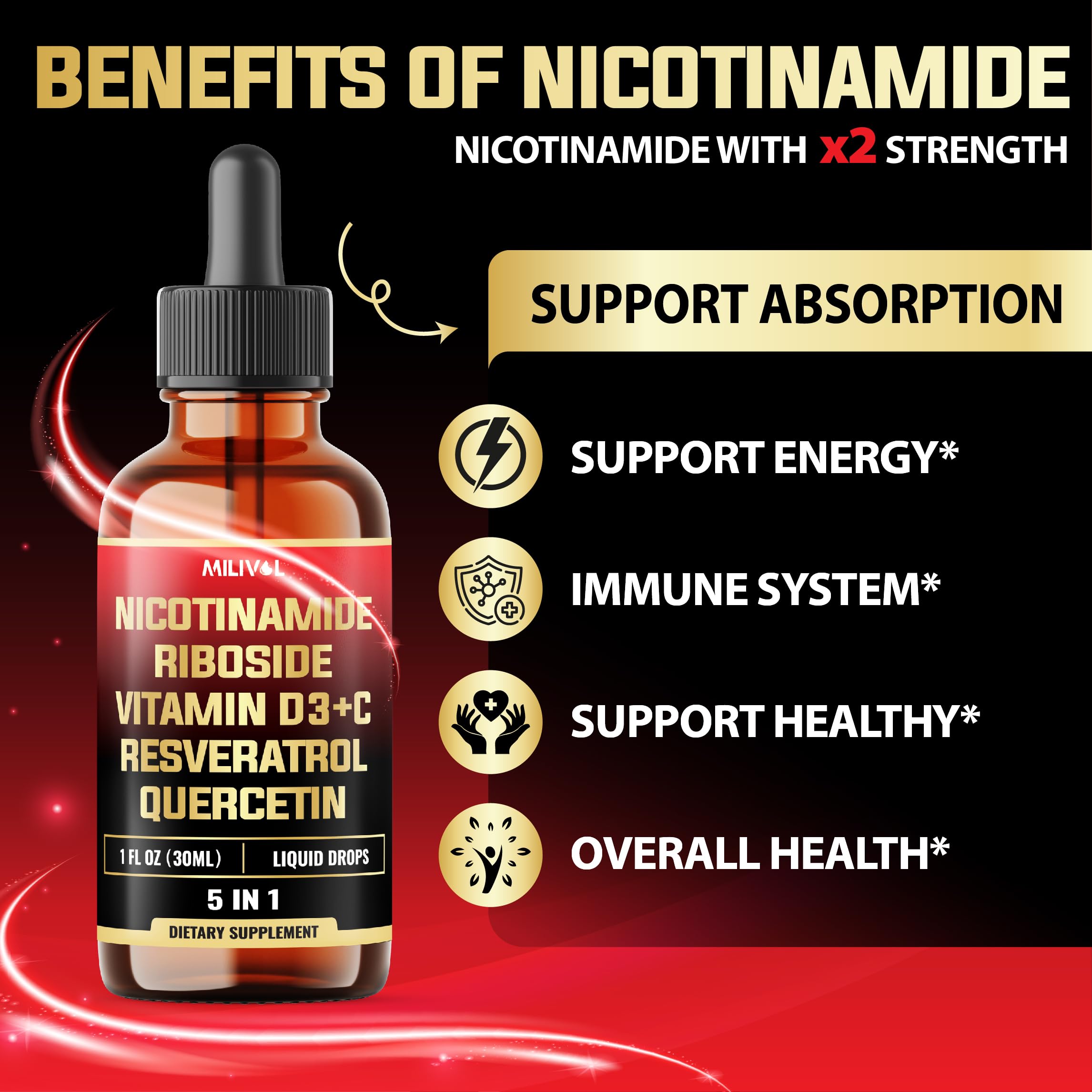 MILIVOL 5in1 NAD+ Liquid Drops w/Nicotinamide Riboside NR 900mg, Quercetin 500mg, Trans-resveratrol 500mg, Vitamin D3-C - Cellular Energy & Repair, Vitality, Healthy Aging - 1FL Oz - 1 Month Supply MILIVOL uk supplements