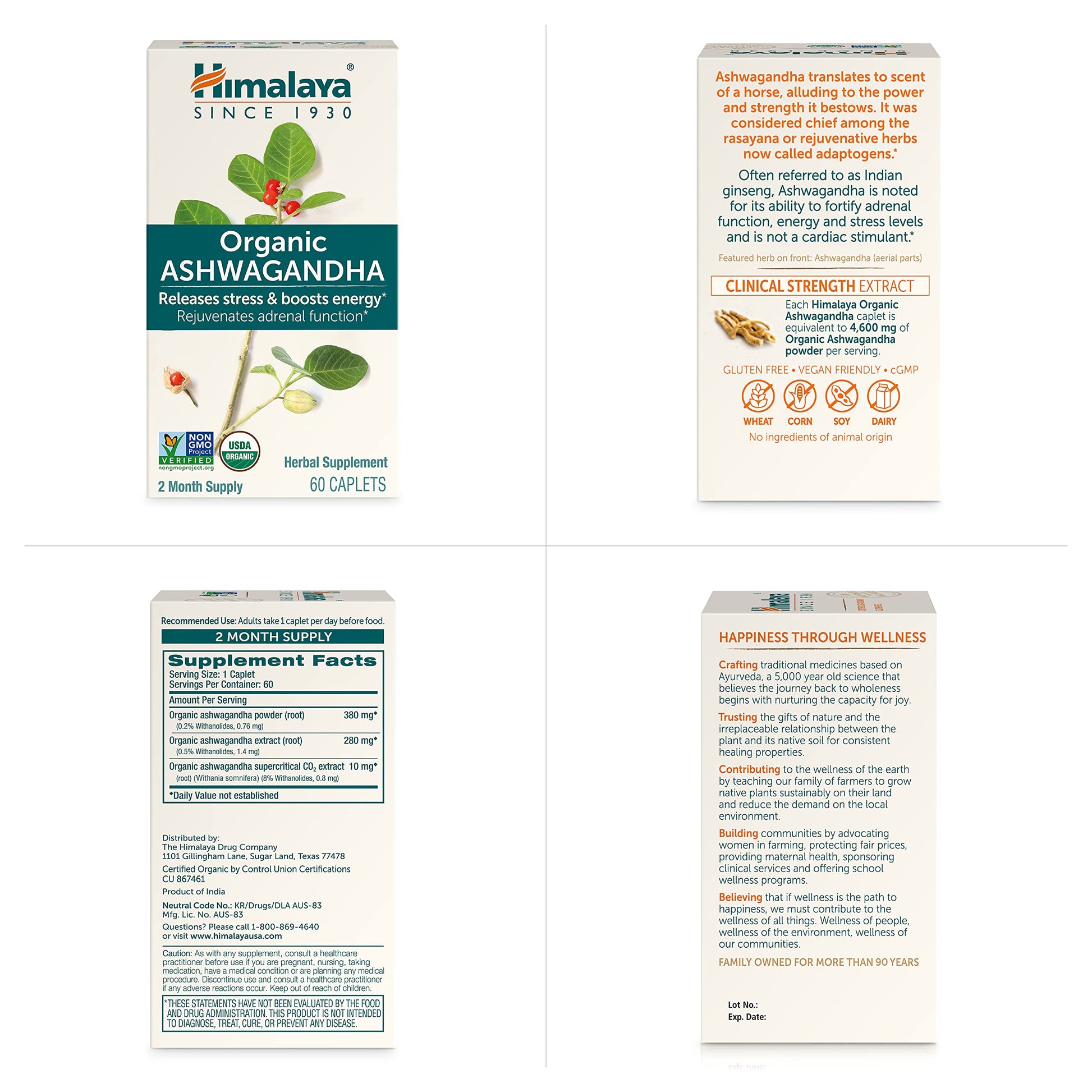 Himalaya Organic Ashwagandha Root, 120 Day Supply - Herbal Adrenal Support Supplements for Stress Relief and Energy Support - USDA Organic, Non-GMO, Vegan, Gluten Free, 60 Caplets, 2 Pack Himalaya uk supplements