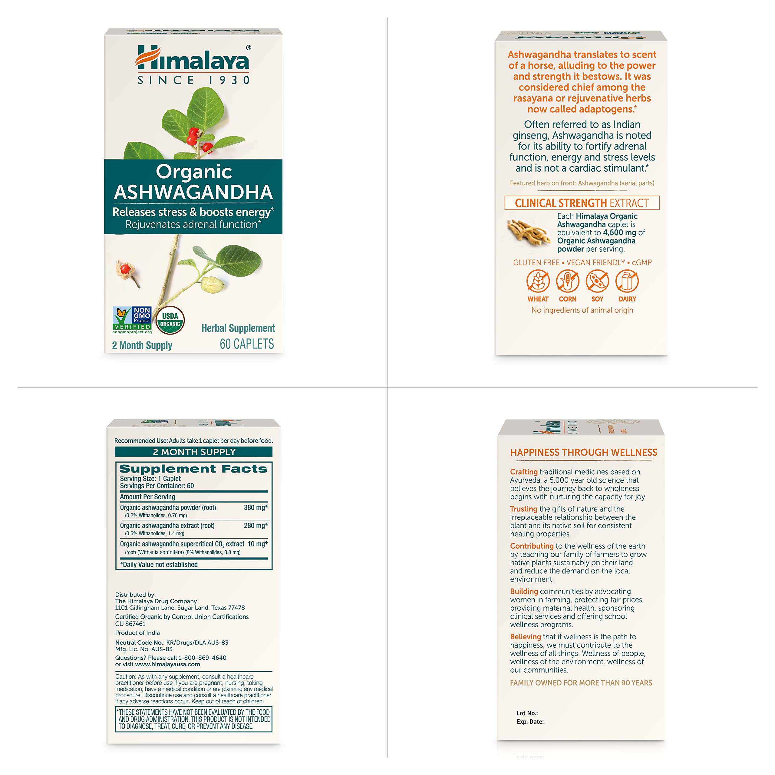 Himalaya Organic Ashwagandha Root, 120 Day Supply - Herbal Adrenal Support Supplements for Stress Relief and Energy Support - USDA Organic, Non-GMO, Vegan, Gluten Free, 60 Caplets, 2 Pack Himalaya uk supplements
