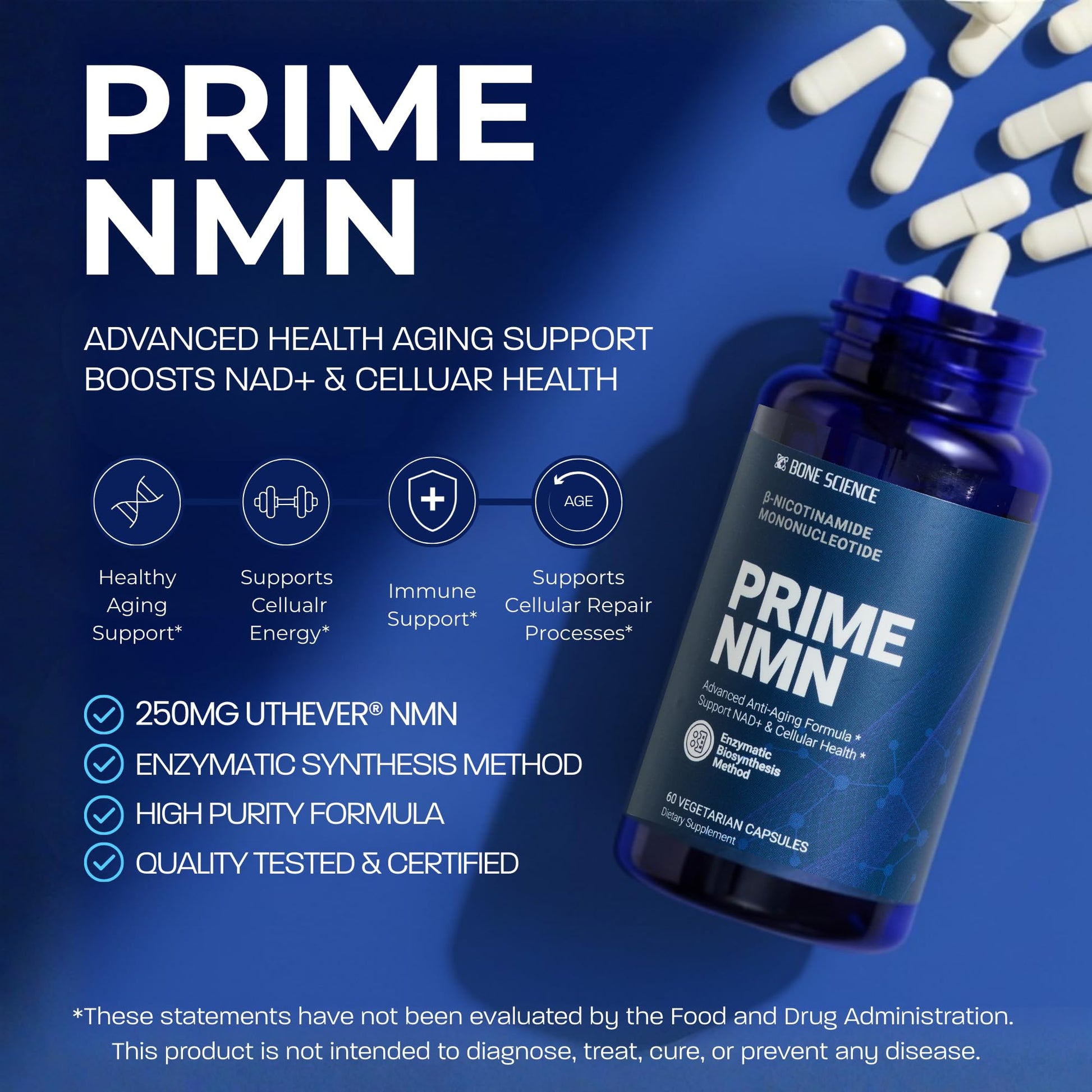 BONE SCIENCE Uthever NMN & Pterostilbene 6-in-1 Complex with Resveratrol, Glutathione & BioPerine - High Purity Stabilized NAD+ Precursor for Healthy Aging & Cellular Energy - 60 Vegetarian Capsules BONE SCIENCE uk supplements