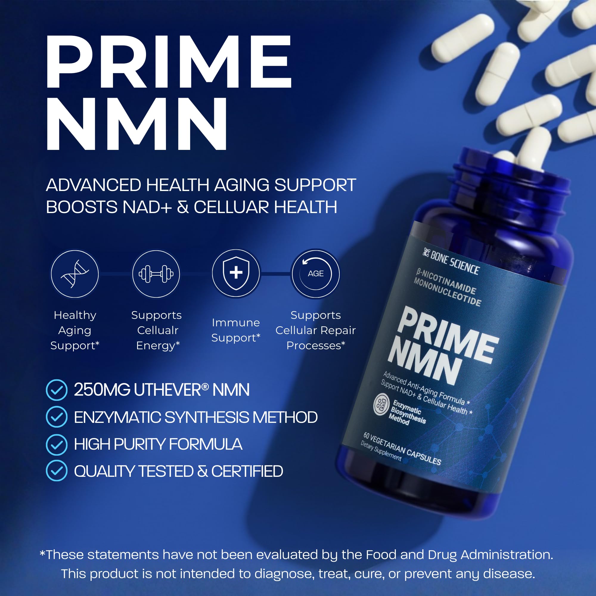 BONE SCIENCE Uthever NMN & Pterostilbene 6-in-1 Complex with Resveratrol, Glutathione & BioPerine - High Purity Stabilized NAD+ Precursor for Healthy Aging & Cellular Energy - 60 Vegetarian Capsules BONE SCIENCE uk supplements