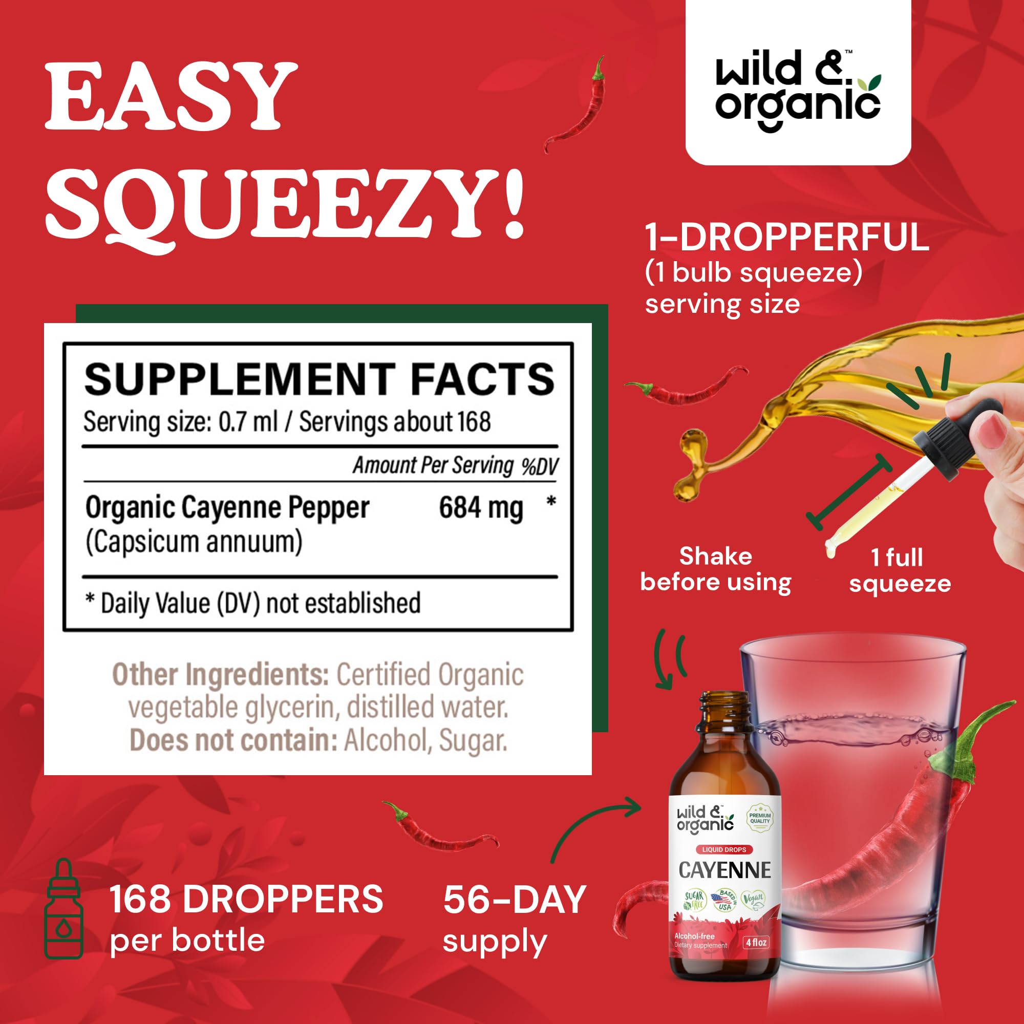 Wild & Organic Cayenne Pepper Tincture - Digestive Support with Capsaicin Extract - Cayenne Pepper Liquid Drops for Overall Well-Being - Unflavored, Vegan, Sugar & Alcohol-Free - 4 fl oz Wild & Organic uk supplements