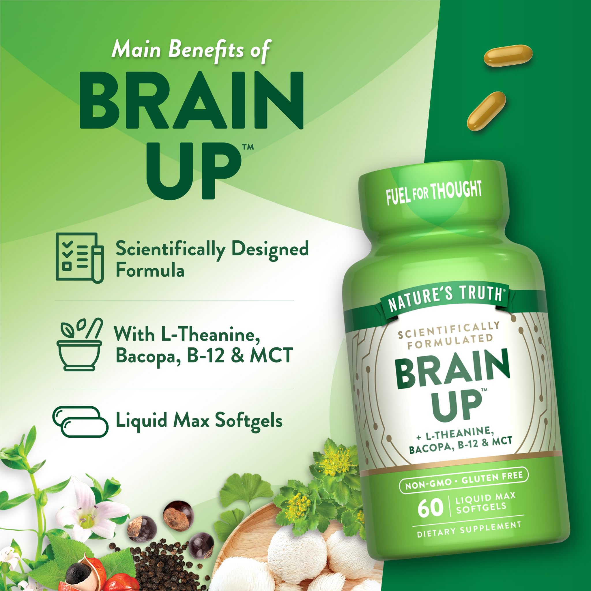 Nature's Truth Brain Up Softgels | 60 Count | with L-Theanine, Bacopa, B-12 & MCT | Non-GMO and Gluten Free Supplement Nature's Truth uk supplements