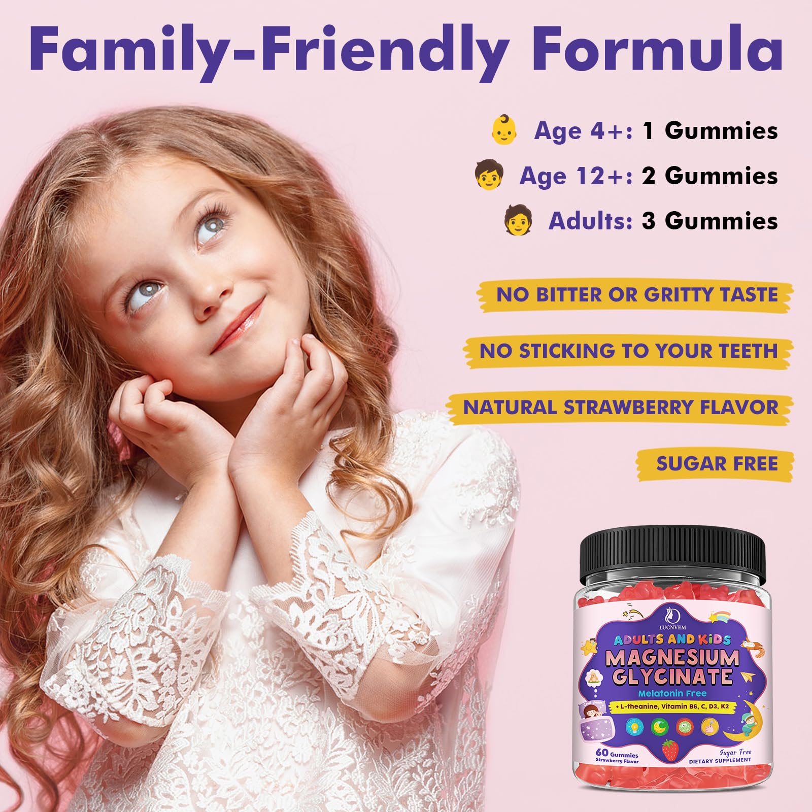 Magnesium Glycinate Gummies for Kids 4+ & Adults- Magnesium Glycinate 150/300 mg for Natural Sleep, Relaxation & Calm Support, Melatonin Free, Sugar Free Strawberry Flavor, 60 Ct LUCNVEM uk supplements