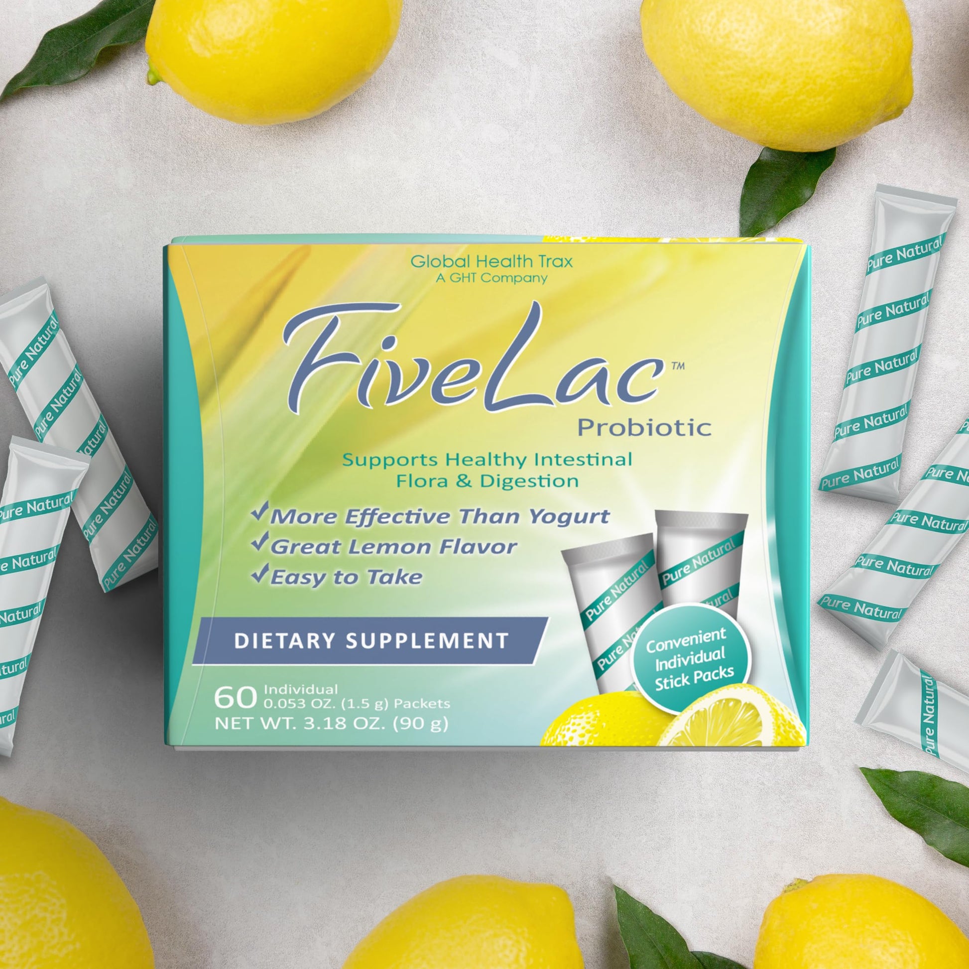 Global Health Trax GHT - FiveLac Lemon Probiotic Powder Drink Mix, Probiotics for Women, Men & Kids - Smooth Digestive Support & Elimination - Relieves Constipation & Gas - 60 Packets (2 Pack) Non-GMO ght Global Health Trax uk supplements
