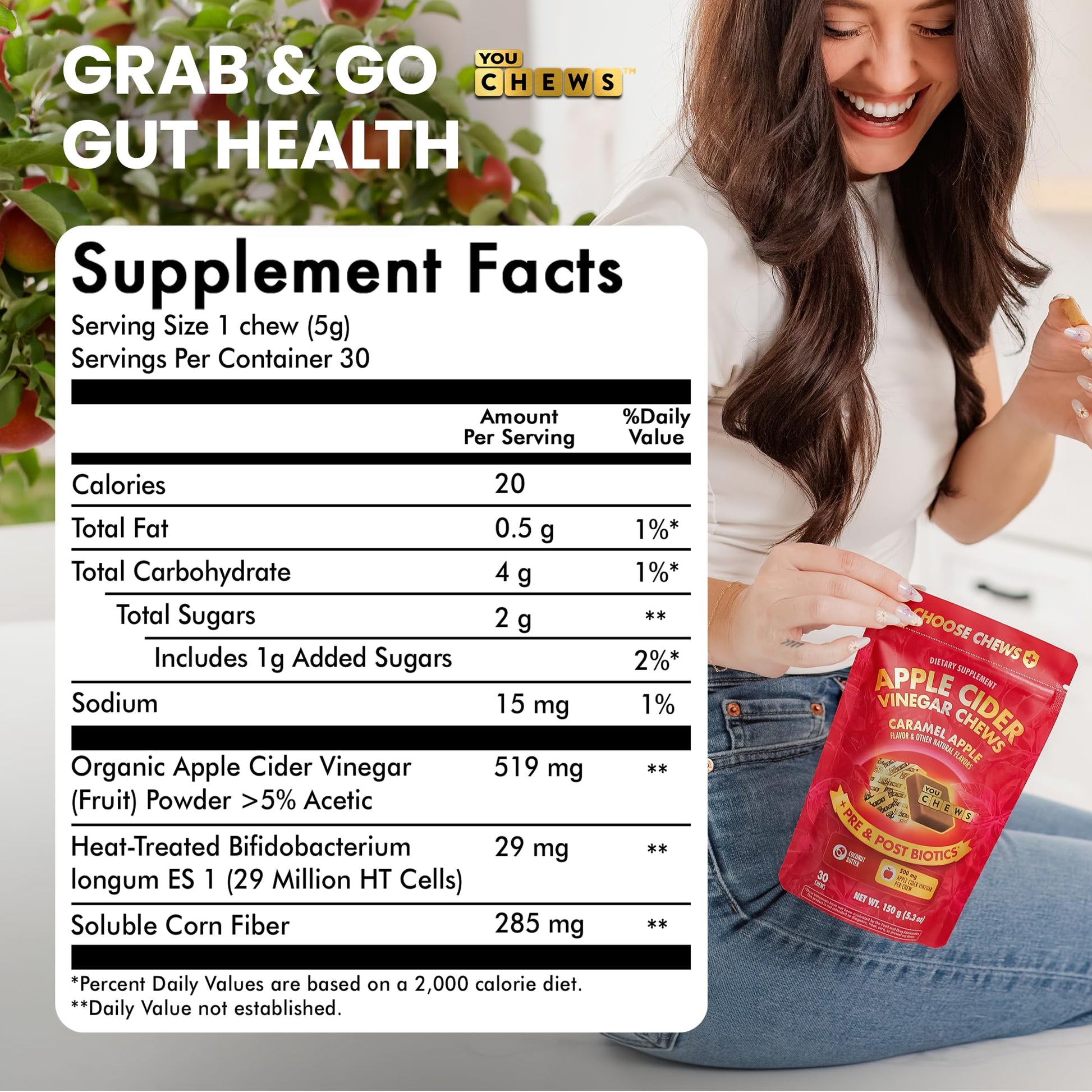 YouChews Apple Cider Vinegar Chews Better Than Apple Cider Gummies - Bloating Relief for Women and Men, 500mg Organic ACV with Prebiotics & Postbiotics, Low Sugar, Caramel Flavor, 30 Count YouChews uk supplements