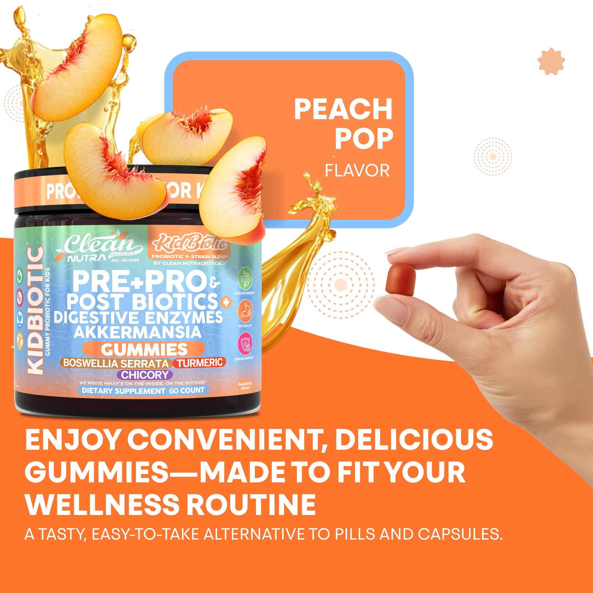 Clean Nutra Kids Probiotics Gummies with Prebiotics, Postbiotics, Digestive Enzymes, Akkermansia, Boswellia Serrata, Turmeric, Chicory – 60 Count – Plant-Based Supplement for Kids – PeachPop Flavor Clean Nutraceuticals uk supplements