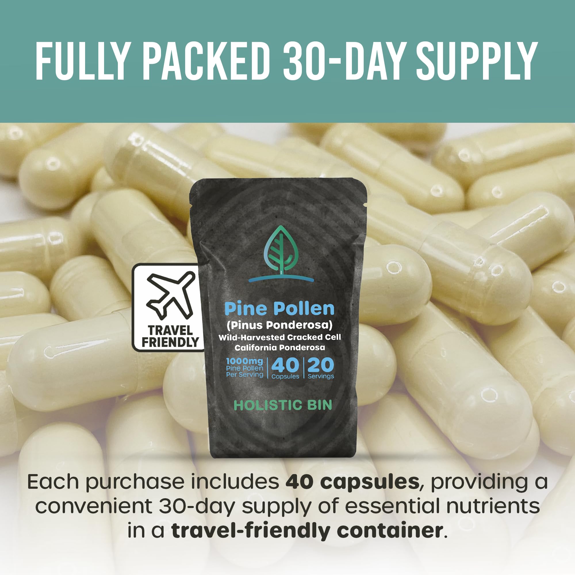 Holistic Bin Pine Pollen Capsules 500mg (Pinus Ponderosa) - Wild Harvested California Ponderosa Pine Pollen Powder - Olympic Grade - Organic, Non-GMO, No Fillers - 30 Day Supply (40 Capsules) Holistic Bin uk supplements