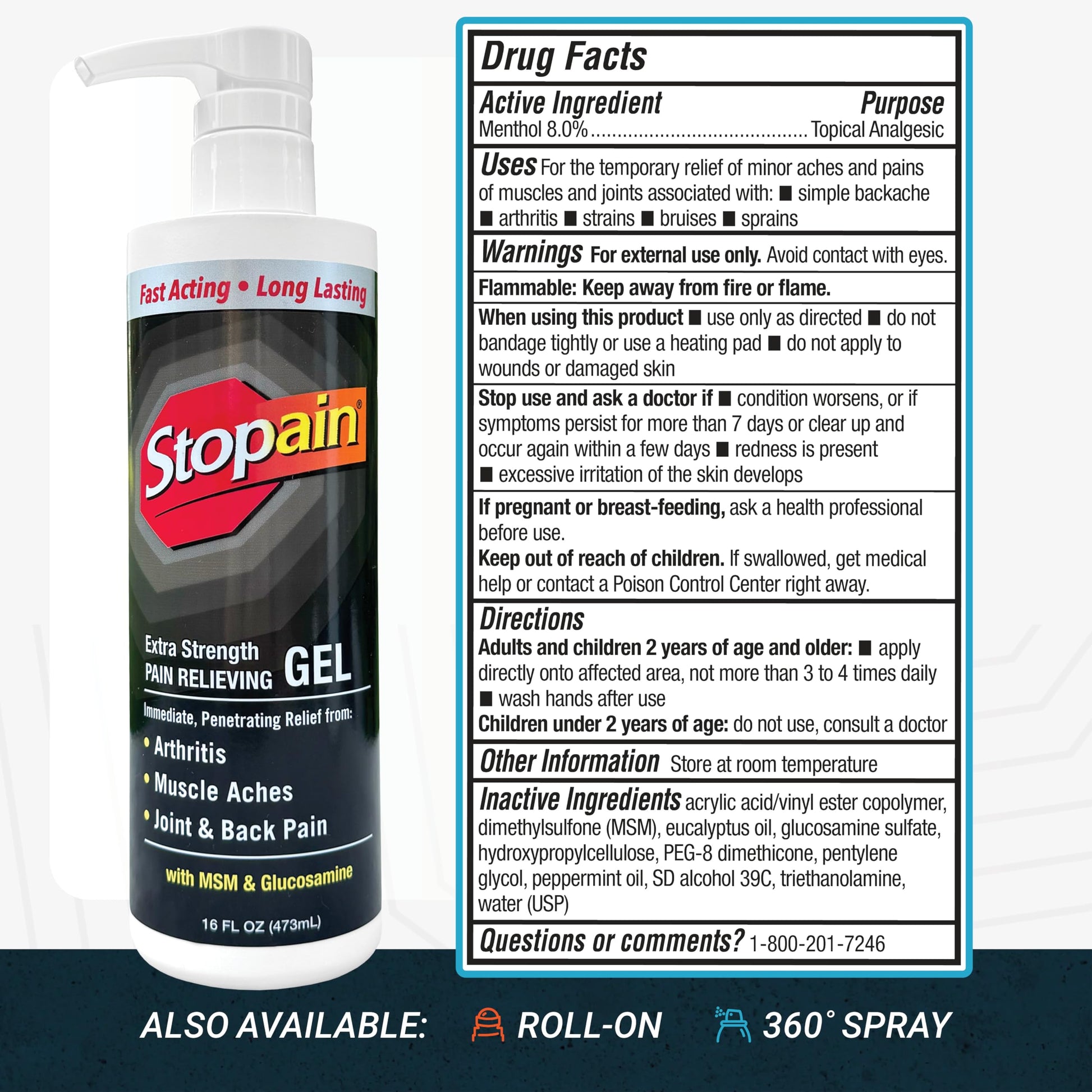 Stopain Pain Relief Gel 16oz, USA Made, Max Strength Fast Acting with Menthol, MSM, Glucosamine for Joint Pain, Back Pain, Arthritis, Knee, Neck Pain, HSA FSA Approved OTC Topical Analgesic Product Stopain uk supplements