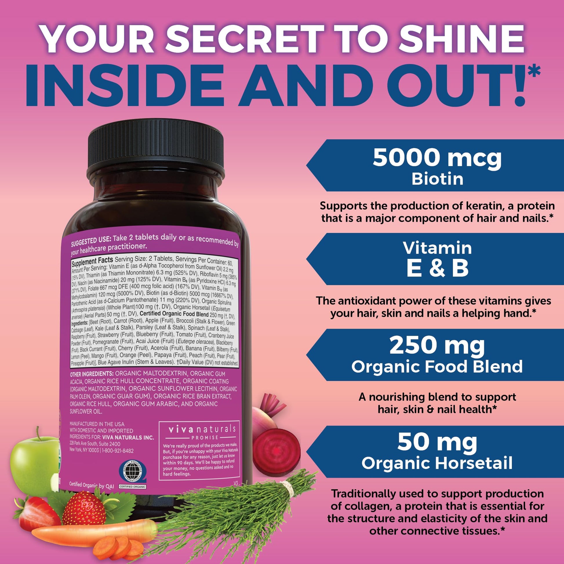 Biotin 5000 mcg Hair Skin Nails Vitamins for Women – Organic and Vegetarian-Friendly Supplement with Vitamin E, B-Vitamins, Spirulina Viva Naturals uk supplements
