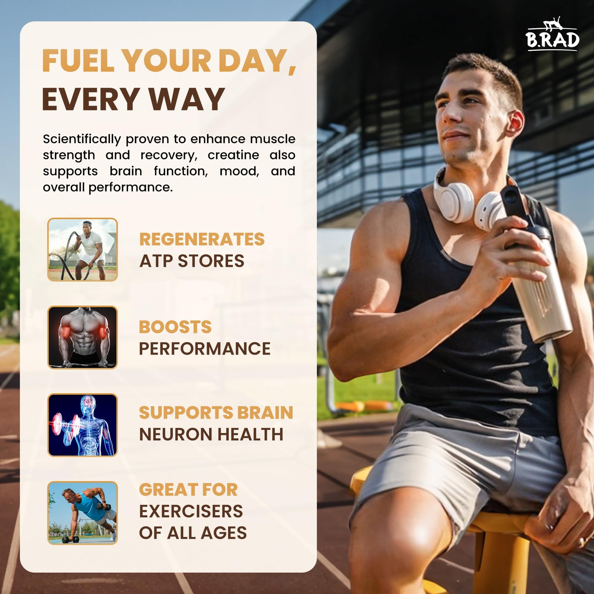 B.rad 100% Pure Micronized Creatine Monohydrate Powder | Natural, No Additives | Boosts Muscle Strength, Recovery & Performance | Supports Brain Health | 300g, 60 Servings B.rad uk supplements