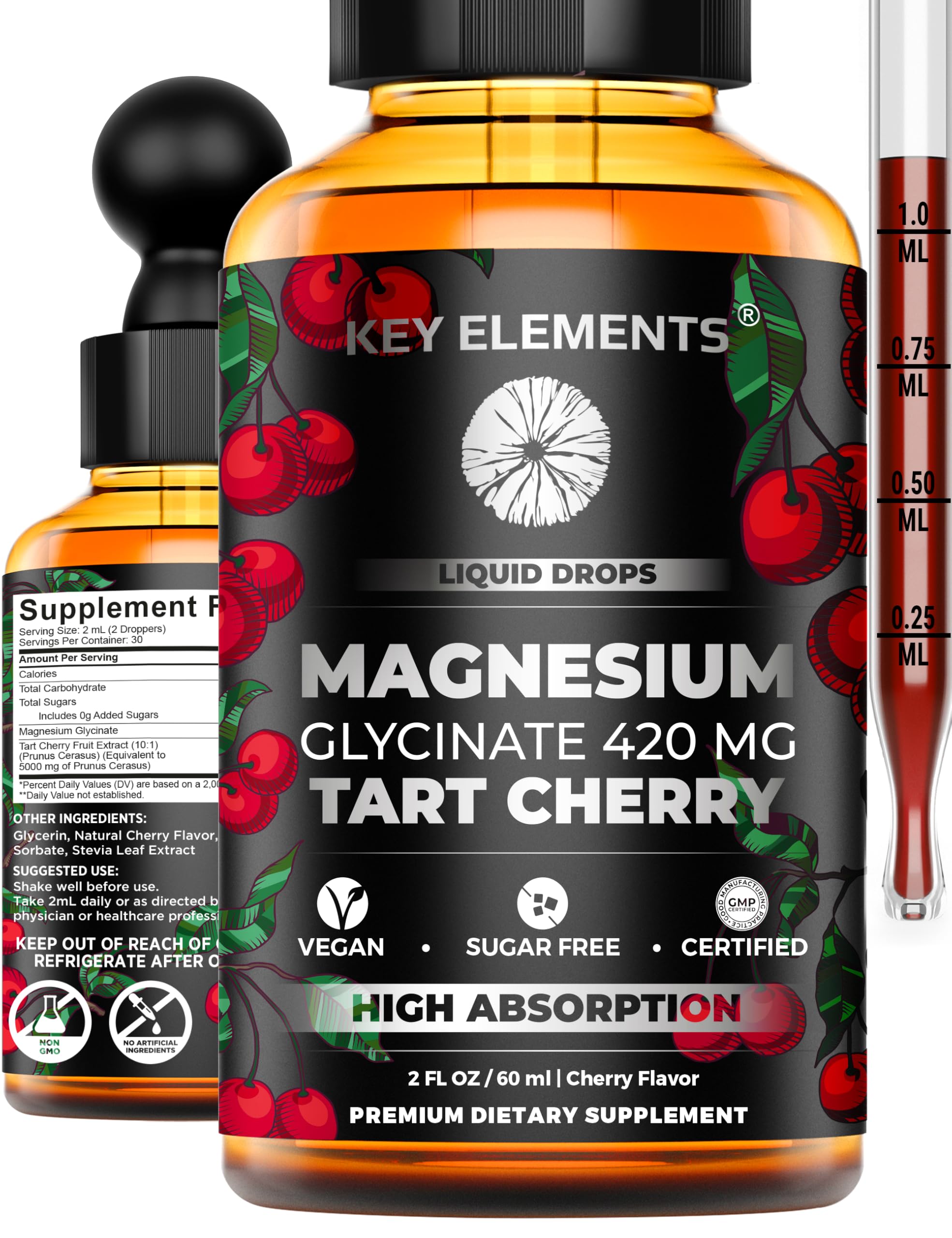 Liquid Magnesium Glycinate 420 Mg with Natural Tart Cherry Extract | Magnesium Glycinate Drops Supplement for Sleep, Mood & Mobility Support | Tart Cherry Extract KEY ELEMENTS uk supplements