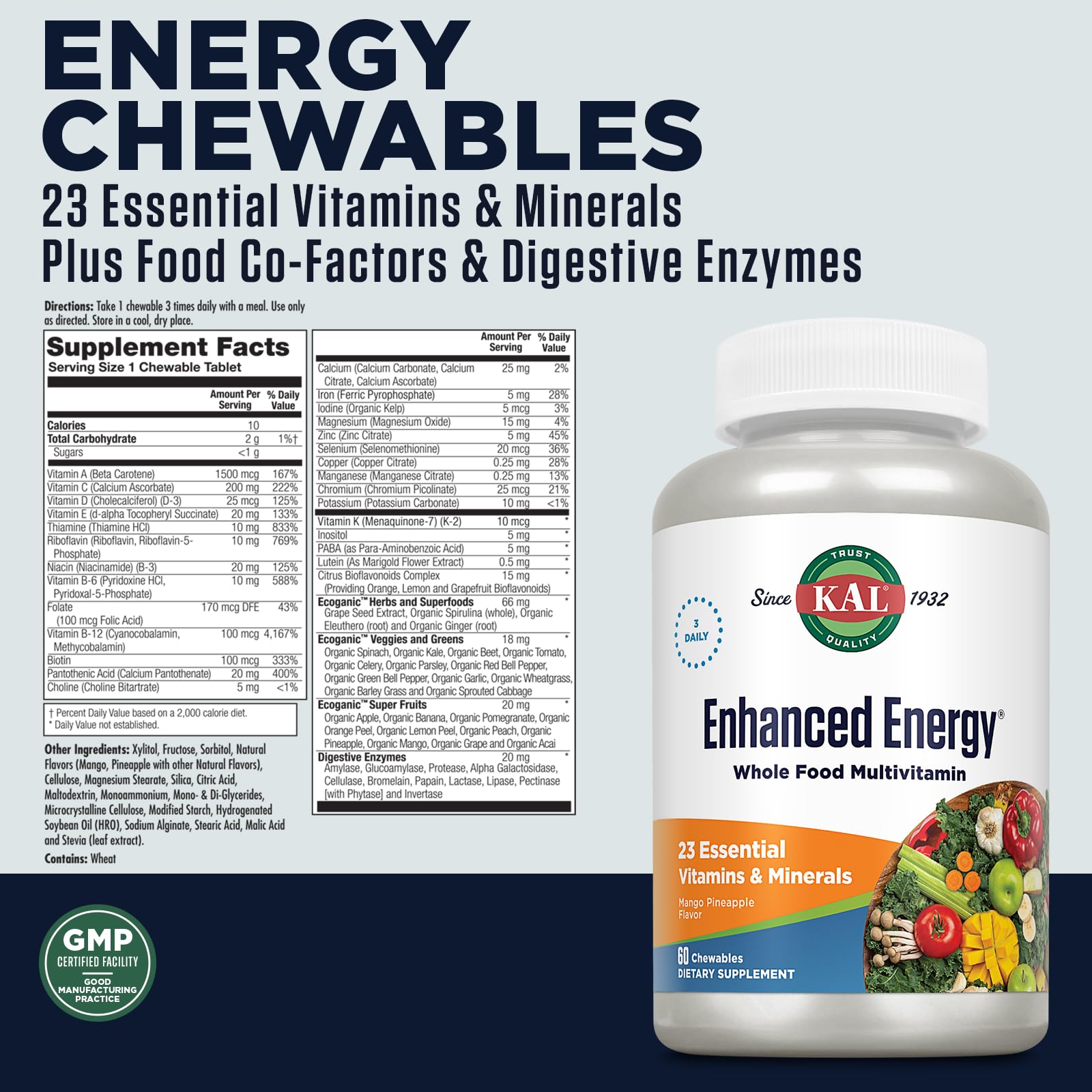 KAL Enhanced Energy Supplements, Whole Food Chewable Multivitamin with Iron, 3 Daily, 23 Essential Vitamins and Minerals, Super Foods, Enzymes, Mango Pineapple Flavor, 60-Day Guarantee, 20 Serv, 60ct KAL uk supplements