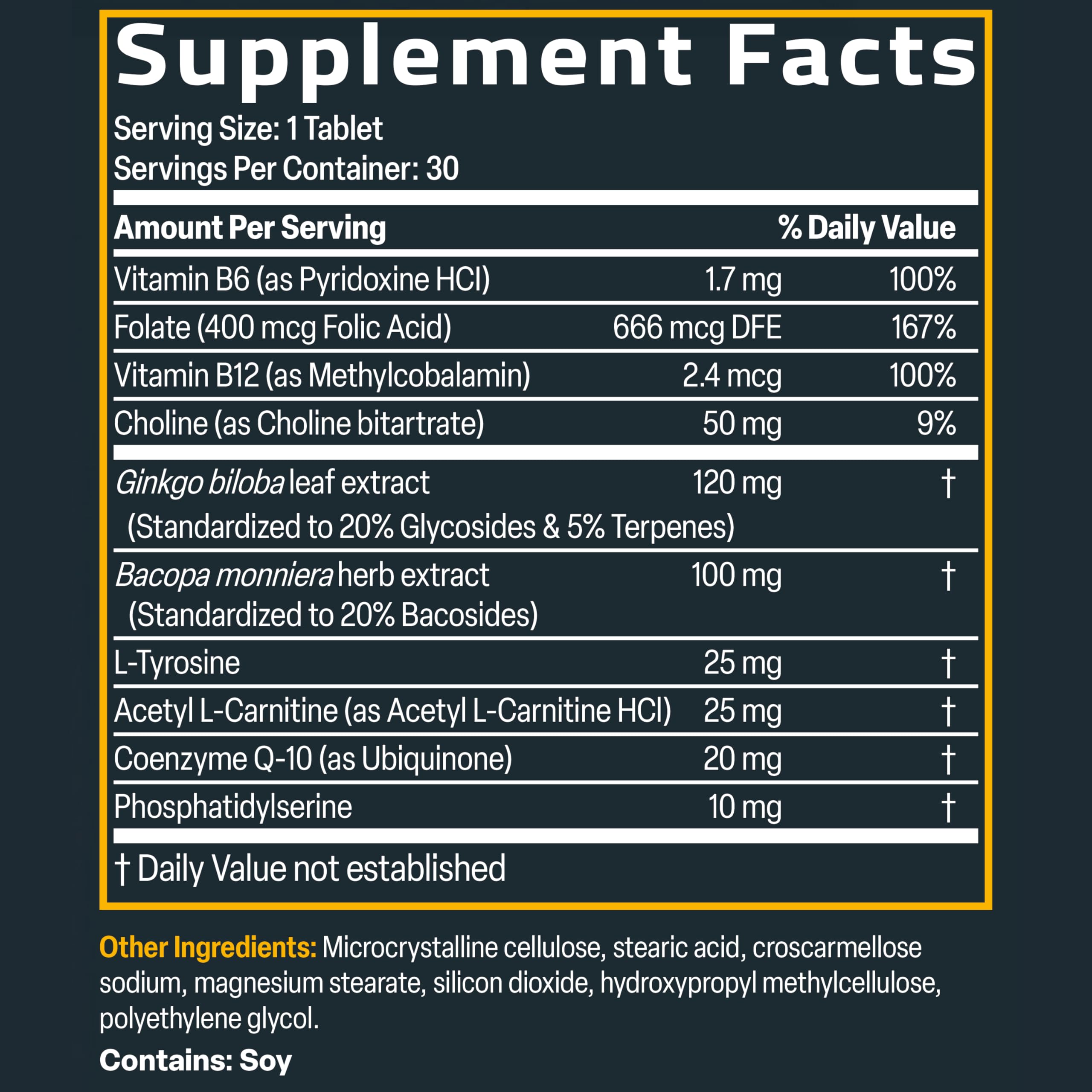 Bronson Ginkgo, Bacopa & Acetyl L-Carnitine Brain & Memory Support Complex with L-Tyrosine, Choline, CoQ10 & Phosphatidylserine Plus Key B Vitamins Non-GMO, 30 Tablets Bronson uk supplements