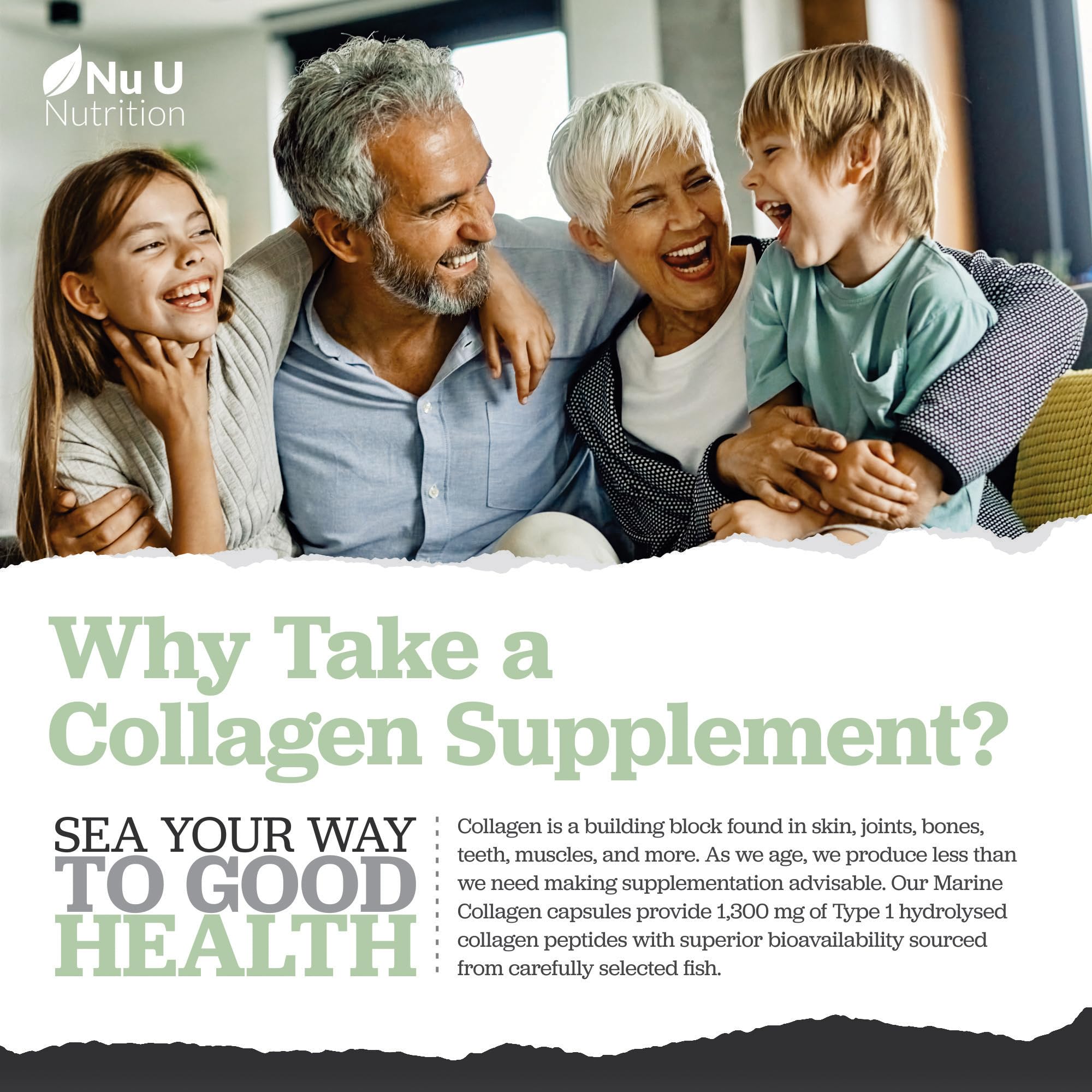 Marine Collagen with Hyaluronic Acid, Vitamin C - 90 Hydrolysed Capsules (not Tablets) - Premium High Strength Collagen Nu U Nutrition uk supplements