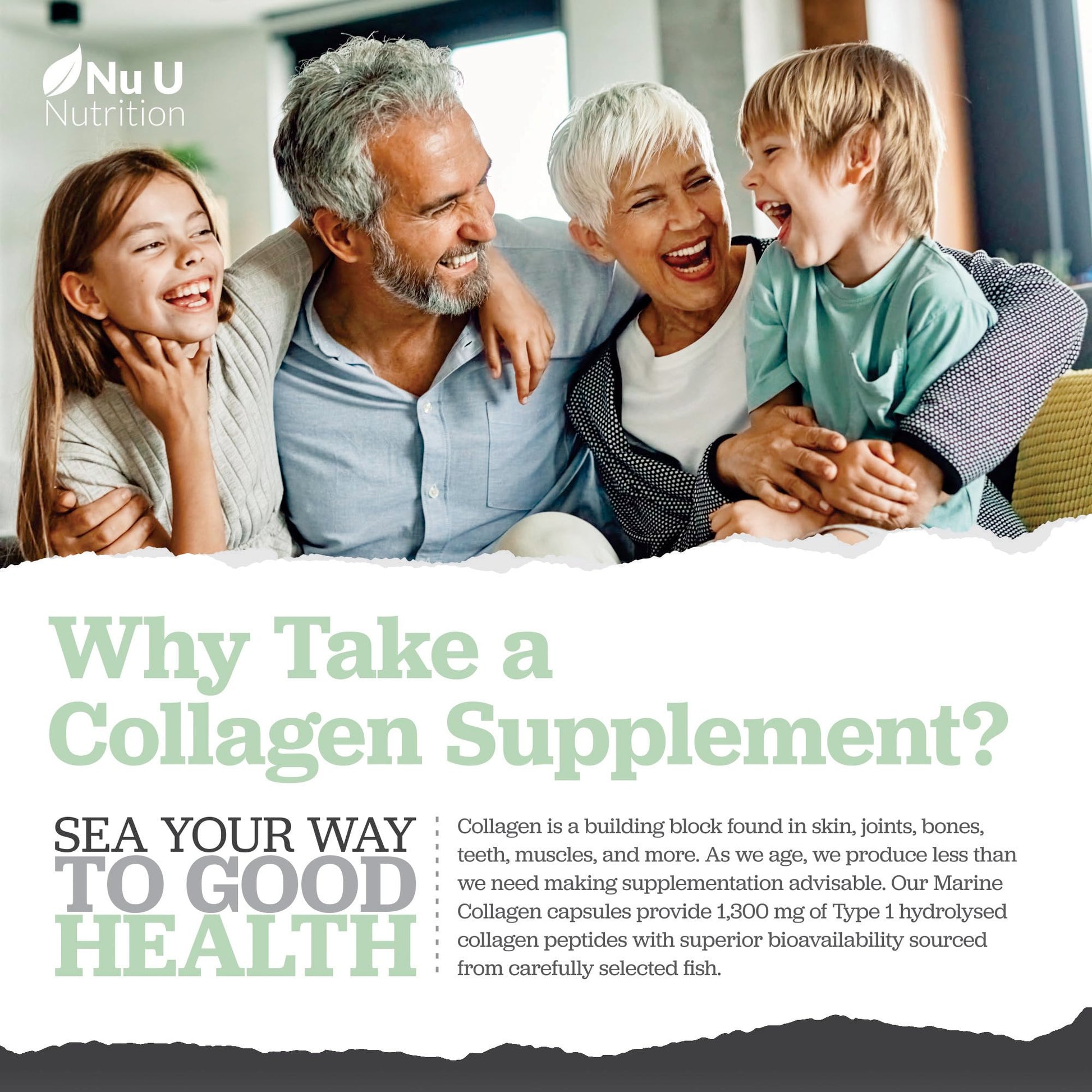 Marine Collagen with Hyaluronic Acid, Vitamin C - 90 Hydrolysed Capsules (not Tablets Nu U Nutrition uk supplements