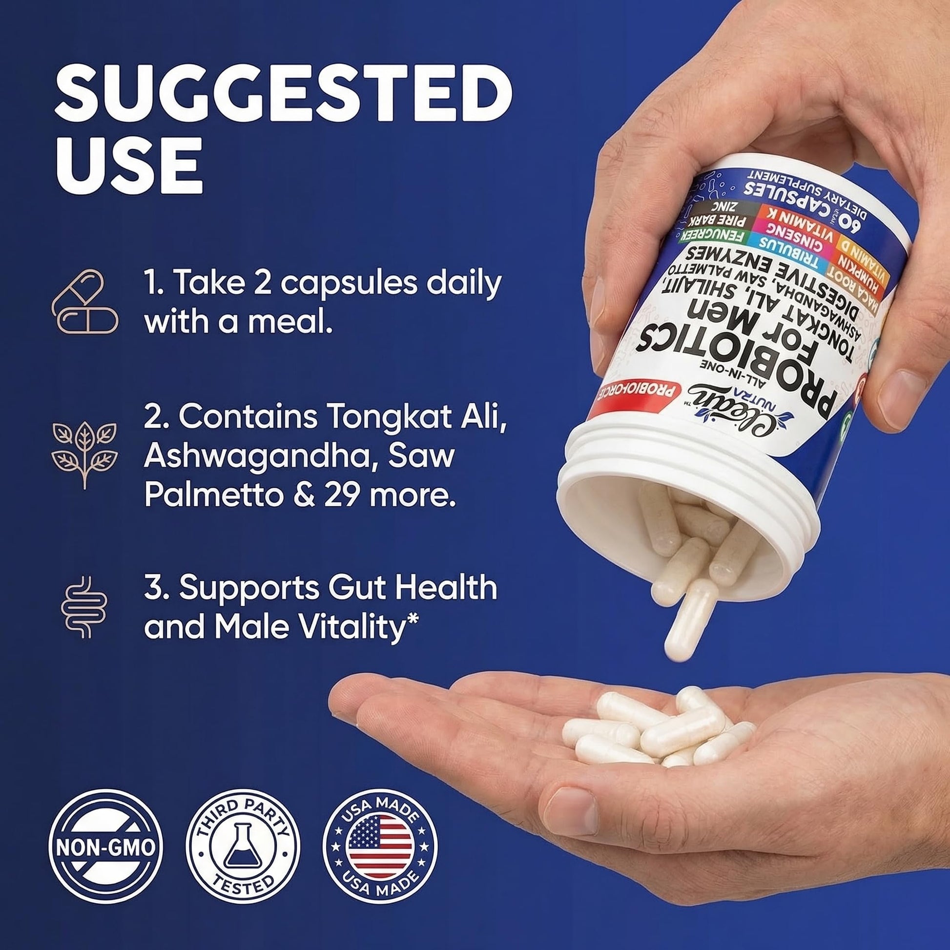 Clean Nutra Probiotics for Men | Tongkat Ali, Saw Palmetto, Tribulus, Ginseng, Ashwagandha, Maca, Pumpkin, Gingko Biloba, Pine Bark, Fenugreek, Shilajit, Zinc - Mens Probiotic 60 Capsules Clean Nutraceuticals uk supplements