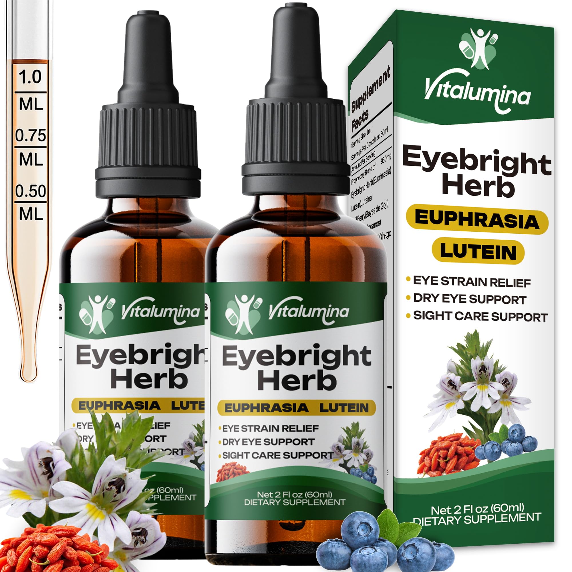 Vitalumina Eyebright Herbal Liquid with Organic Euphrasia, Lutein, Bilberry, Blueberry & Goji – Plant-Based Vegan Supplement for Adults – 4 fl oz Vitalumina uk supplements