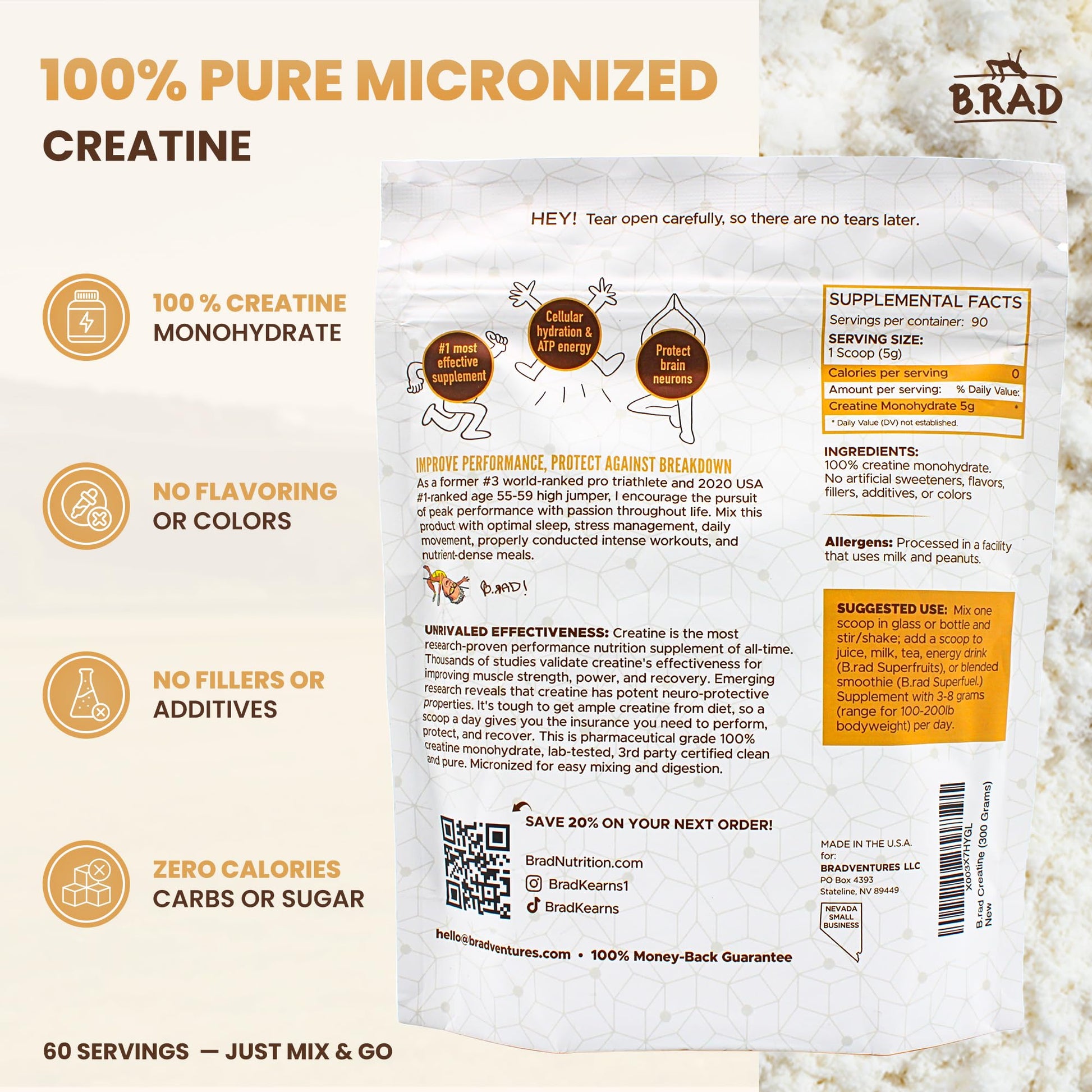 B.rad 100% Pure Micronized Creatine Monohydrate Powder | Natural, No Additives | Boosts Muscle Strength, Recovery & Performance | Supports Brain Health | 300g, 60 Servings B.rad uk supplements