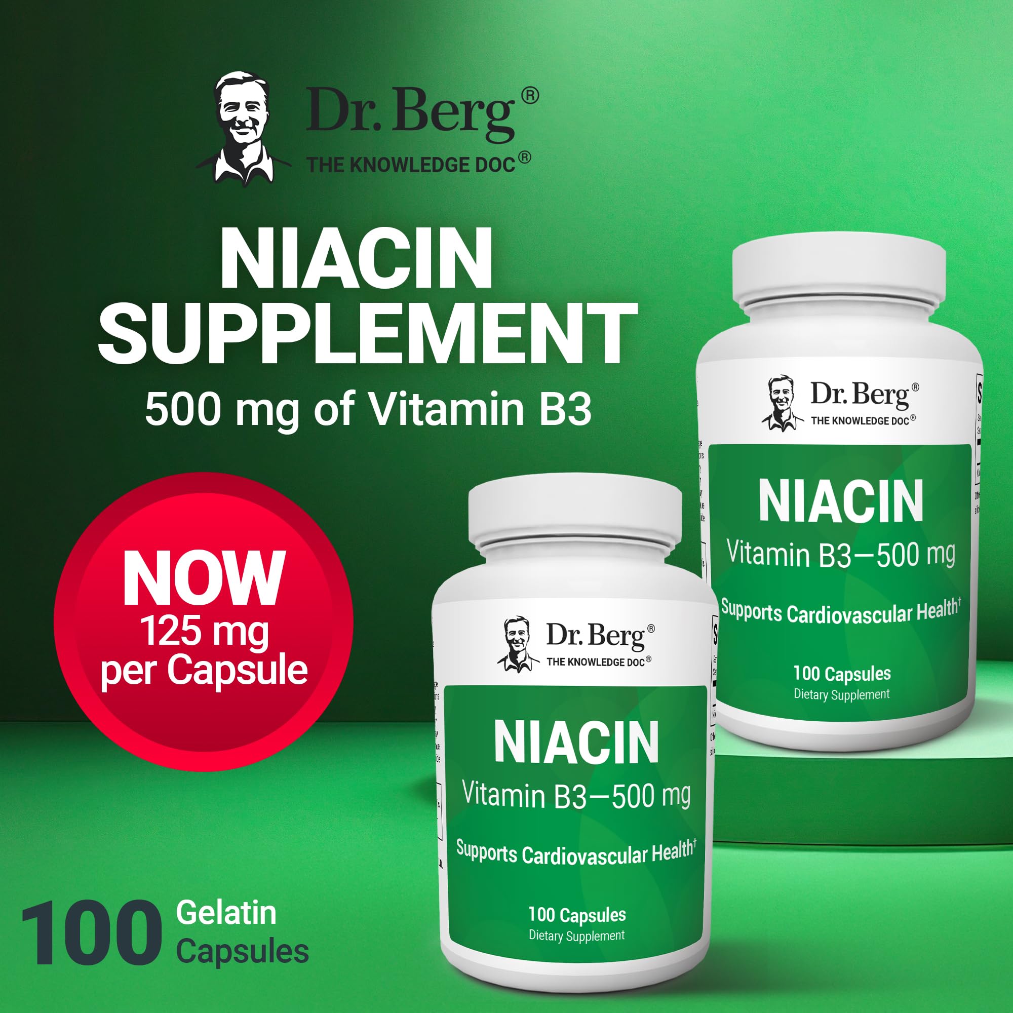 Dr. Berg Highly-Potent Niacin 500 mg – Now Only 125 mg per Capsule for Niacin Flush Tolerance Building – Gradually Increase to 500mg a Day – Vitamin B3 for Heart, Brain & Energy Support – 100 Capsules Dr. Berg Nutritionals uk supplements