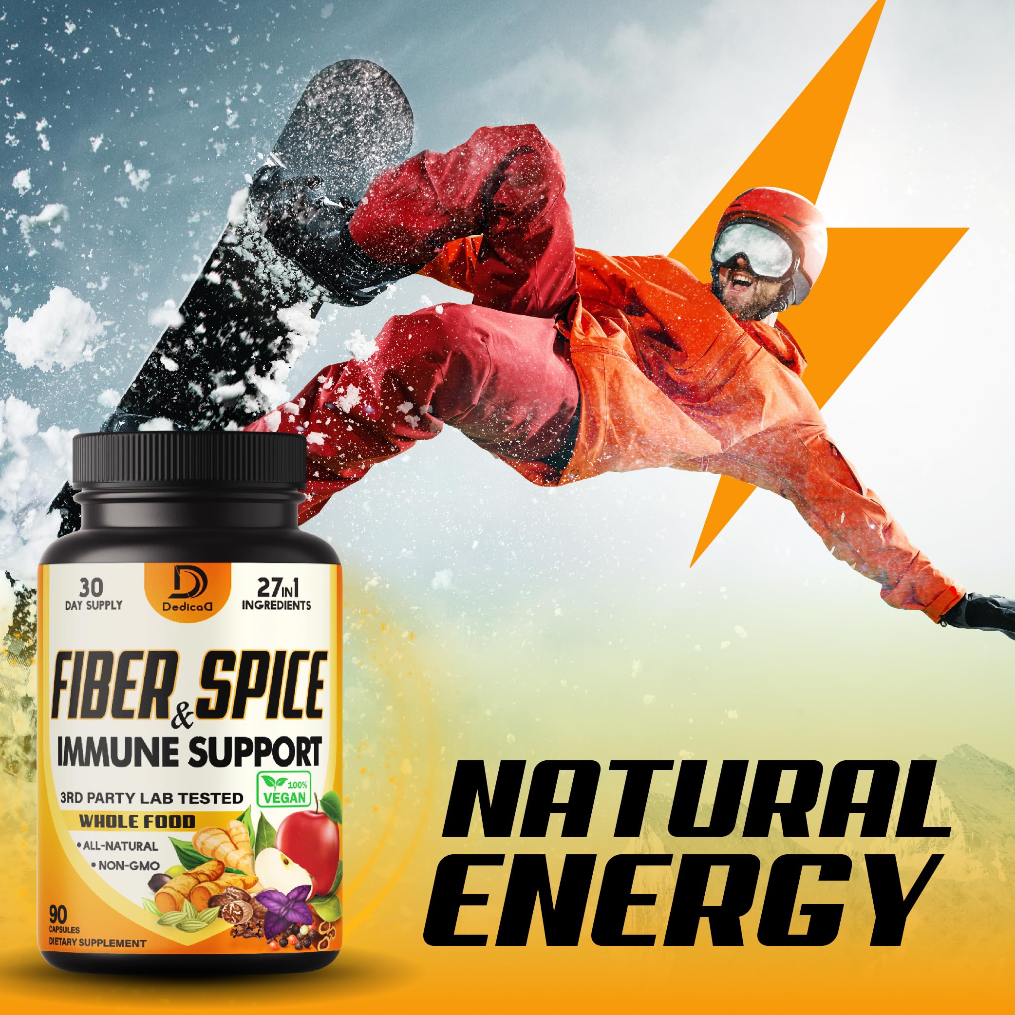 DEDICAD 27in1 Fiber and Spice Supplement - Combined with Organic Psyllium, Whole Apple, Elderberry & More - Support Mood, Body & Immunity - 90 Capsules for 1 Month DEDICAD uk supplements