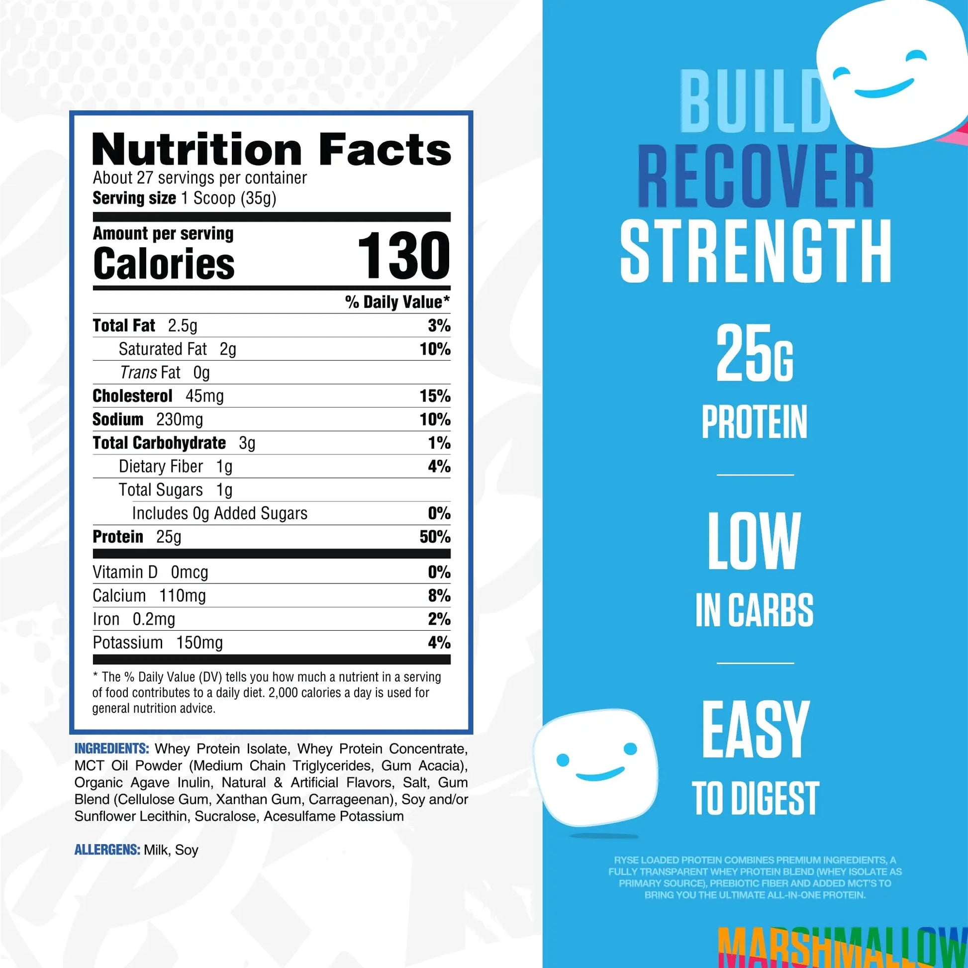 RYSE Loaded Protein Powder - Jet-Puffed Marshmallow - 25g Whey Protein Isolate & Concentrate with Prebiotic Fiber & MCTs - Low Carb, Low Sugar, Digestive-Friendly - 27 Servings / 2 lb Tub RYSE Up Supplements uk supplements