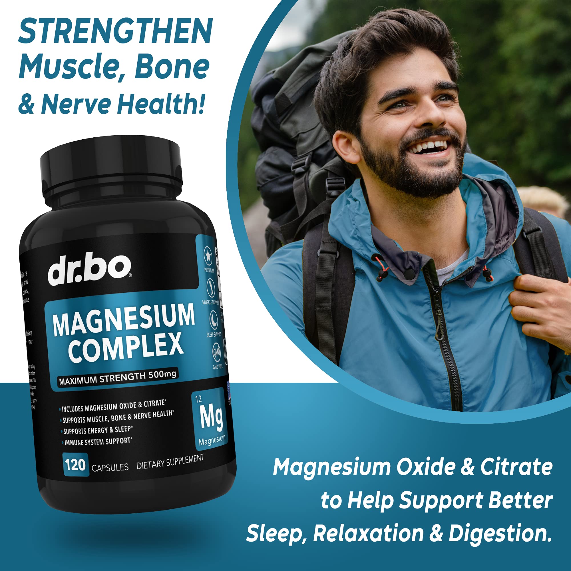 Magnesium Complex Supplement Capsules 500mg - Support Energy, Relaxation, Leg Cramps & Legs - Help Aid Muscle Support Supplements - High Absorption Premium Mag Citrate Oxide - 120 Capsules DR. BO uk supplements