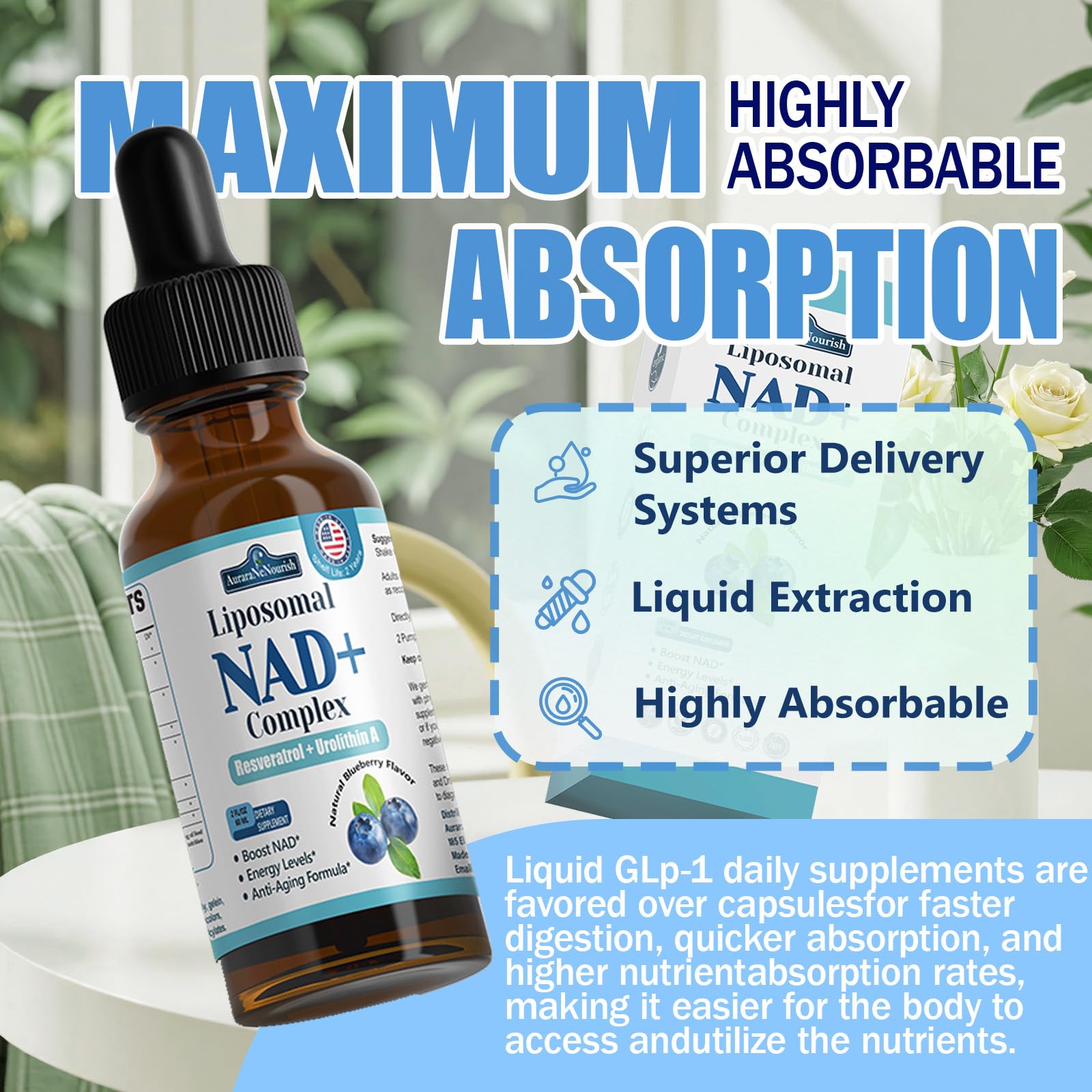 Liposomal NAD+ Liquid Drops, 8-in-1 NAD⁺ Nicotinamide Riboside Resveratrol 900mg w. Quercetin & Urolithin A | Fast Absorption NAD+ Supplement with CoQ10, ALA | Cellular Energy, Anti-Aging, Vitality AuraraNeNourish uk supplements