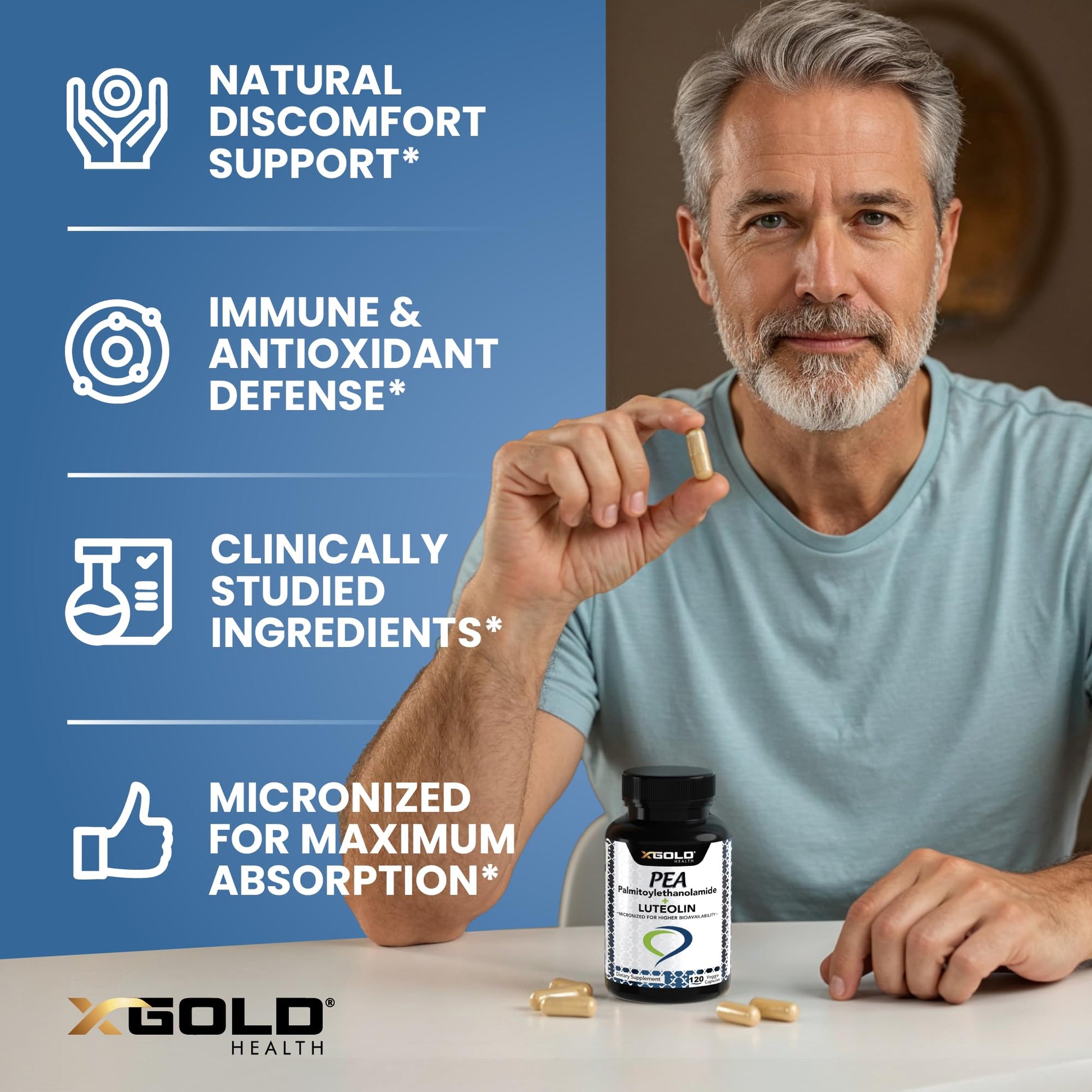 Palmitoylethanolamide 630 mg + Luteolin Standardized 98%- Micronized Pea 99% Highly Purified and Bioavailable - Made in USA - Supplement for Men and Women - 120 Veggie Capsules X Gold Health uk supplements