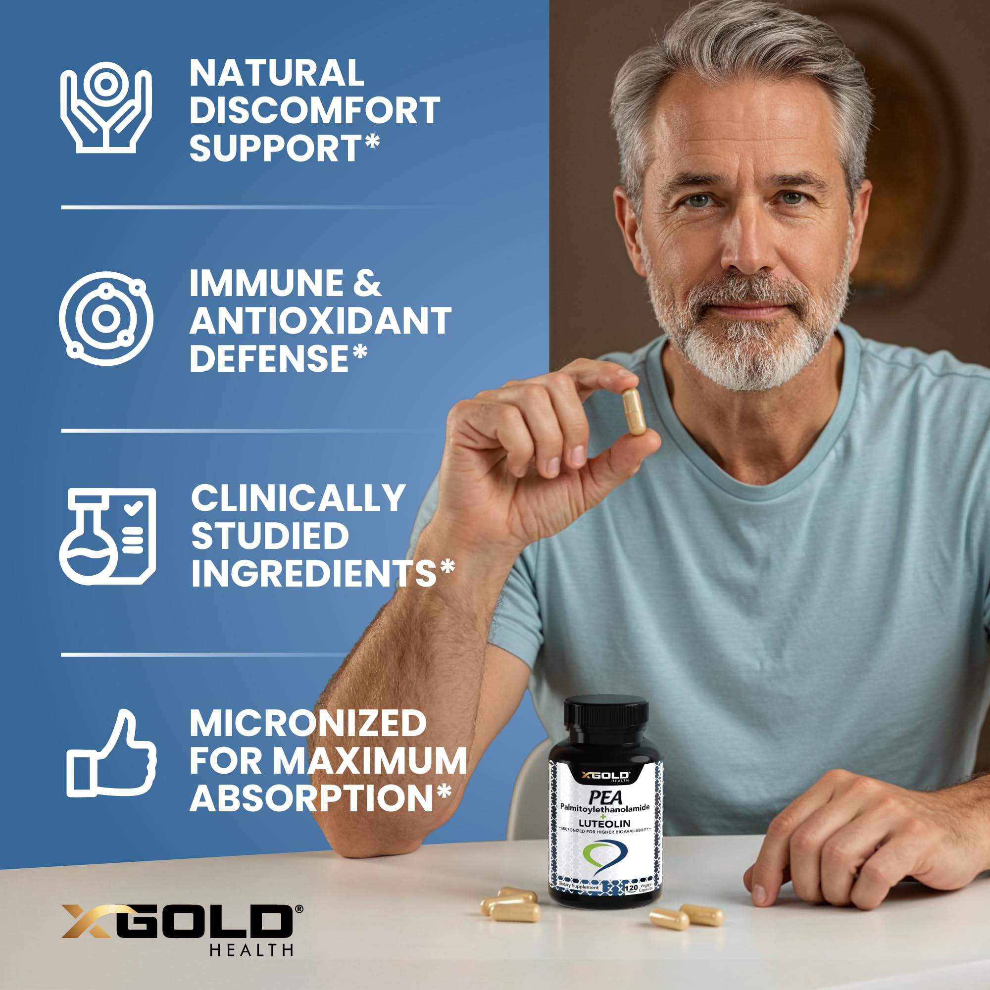 Palmitoylethanolamide 630 mg + Luteolin Standardized 98%- Micronized Pea 99% Highly Purified and Bioavailable - Made in USA - Supplement for Men and Women - 120 Veggie Capsules X Gold Health uk supplements
