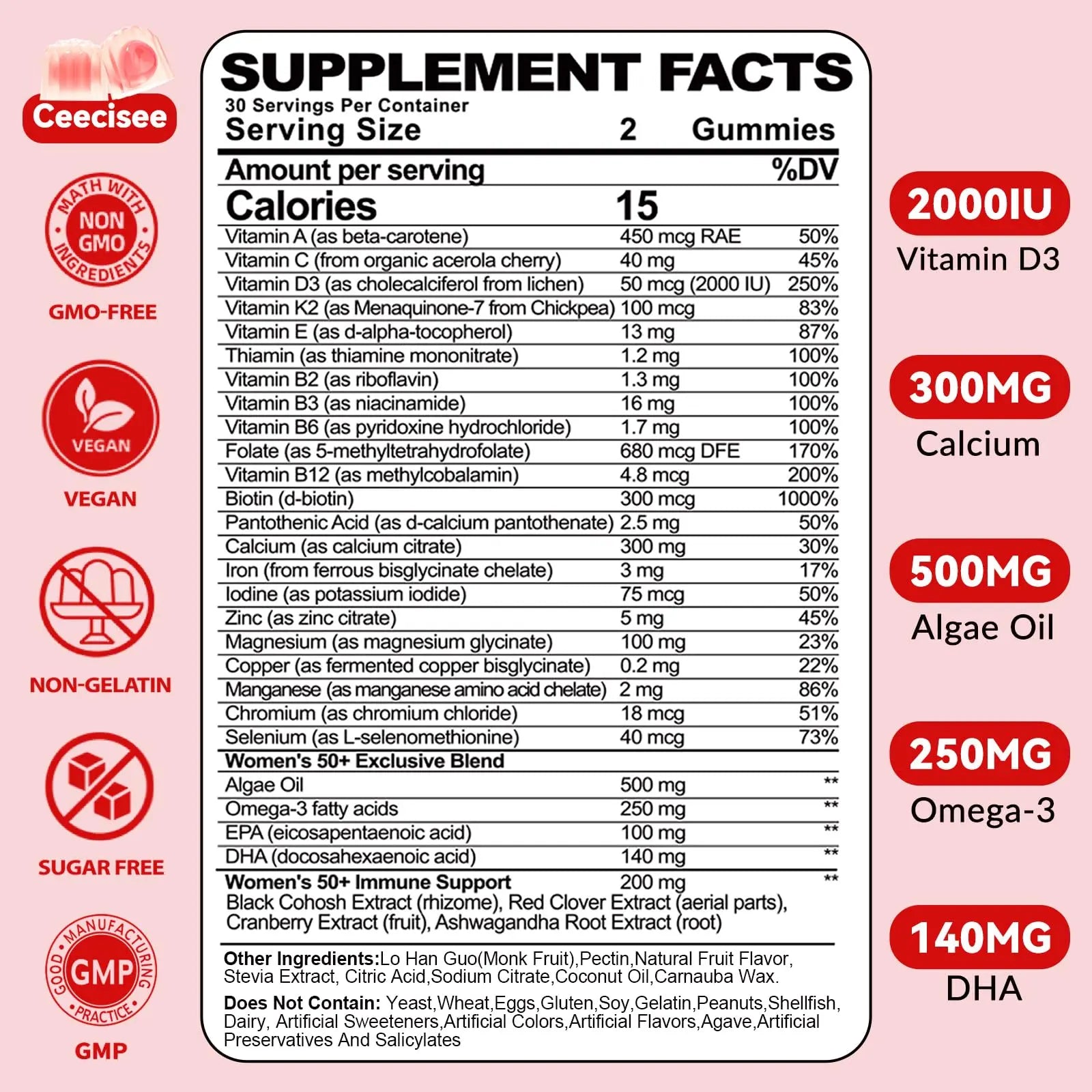 Ceecisee Vitamin Gummies for 50+ Women: Organic Vegan Multivitamin with Iron Omega3 B12 D3 Biotin Zinc Ashwagandha for Hair Skin Health Energy Immune Suppor Ceecisee uk supplements