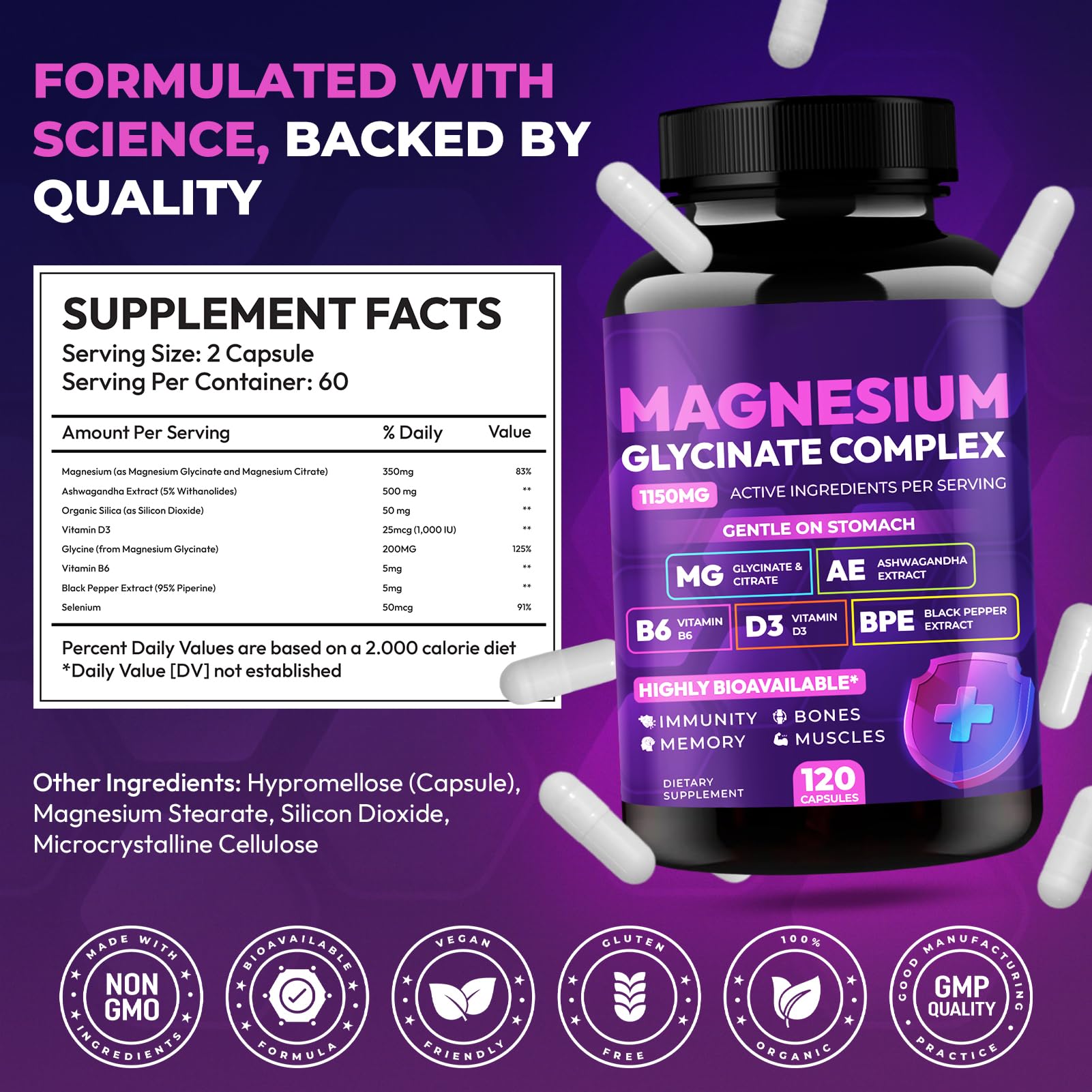 Magnesium Glycinate Complex 1150mg - Gentle on Stomach High Absorption Magnesium Capsules with Citrate, Silica, Ashwagandha & Vitamin B6 for Zzz, Stress Relief, Muscle Support for Adults, Women & Men Cytona uk supplements