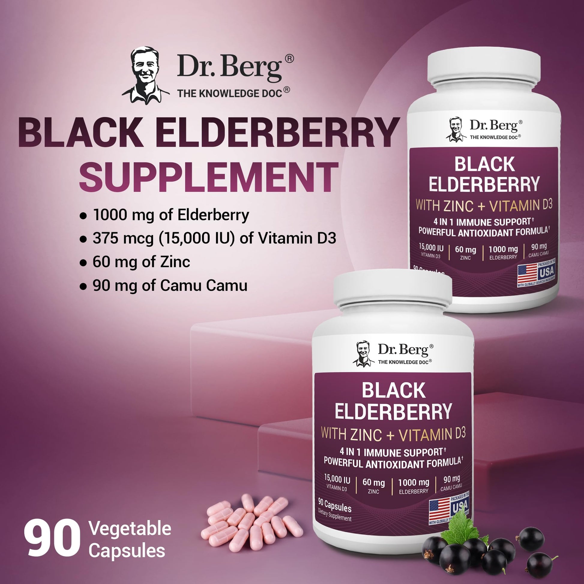 Dr. Berg Black Elderberry Capsules (Advanced Immune Support*) with 15,000 IU Vitamin D, 60 mg of Zinc, & 90 mg of Camu Camu - (4-in-1) Sambucus Elderberry Immune Support Supplement - 90 Capsules Dr. Berg Nutritionals uk supplements