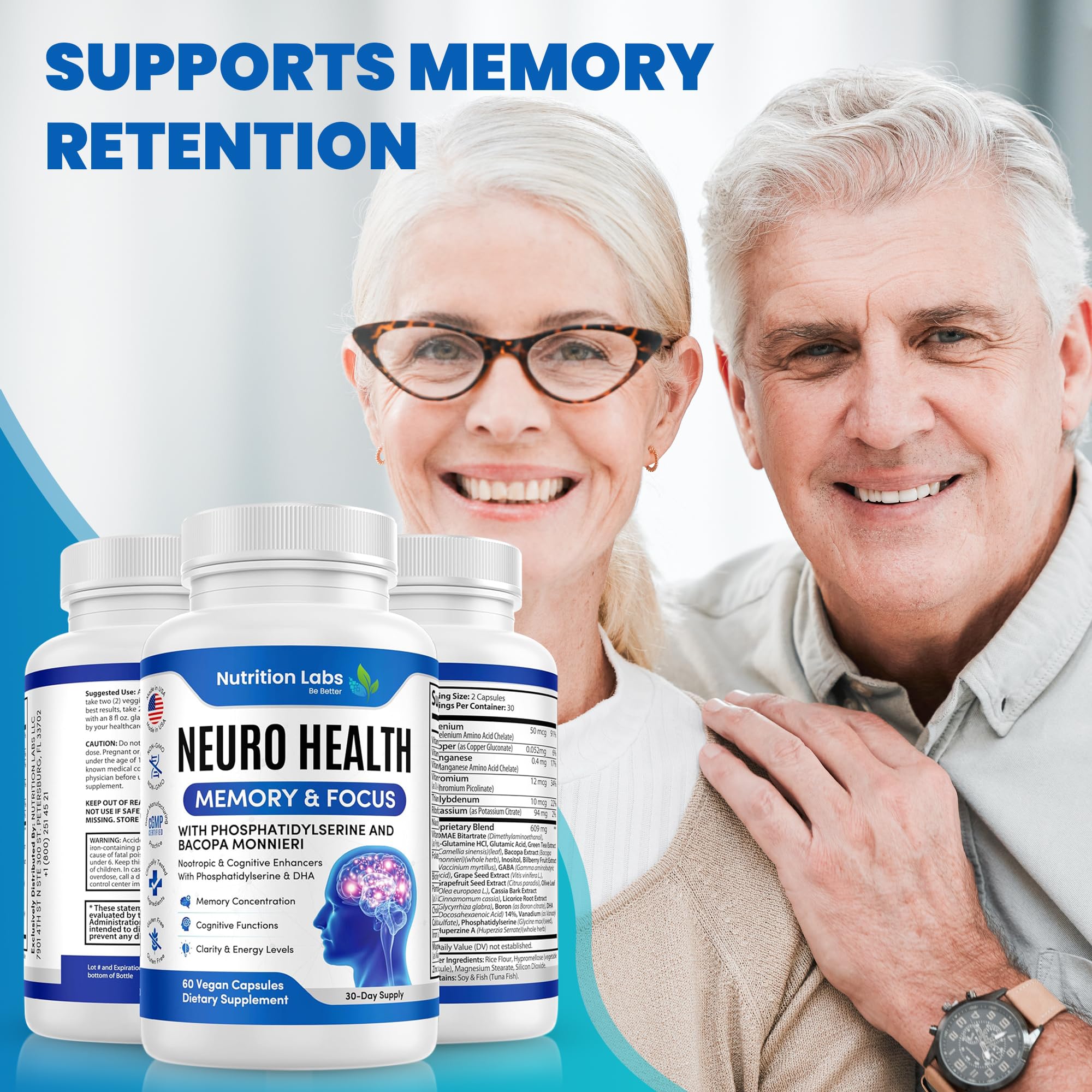 Nootropic & Neuro Brain Supplement for Memory & Focus Support. Clinically Tested Vitamins for Mental Support & Cognitive Clarity W/Bacopa Monnieri, VIT A, B6, Riboflavin, Niacin, Thiamin & Folate NUTRITION LABS BE BETTER uk supplements