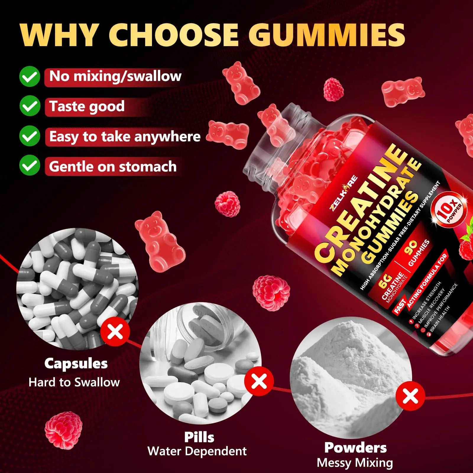 ZELKORE Creatine Monohydrate Gummies 6000mg for Men & Women, Sugar Free Creatine Gummy for Pre & Post Workout, High Absorption Supplement with BCAA, Support Boost Strength, ZelKore uk supplements