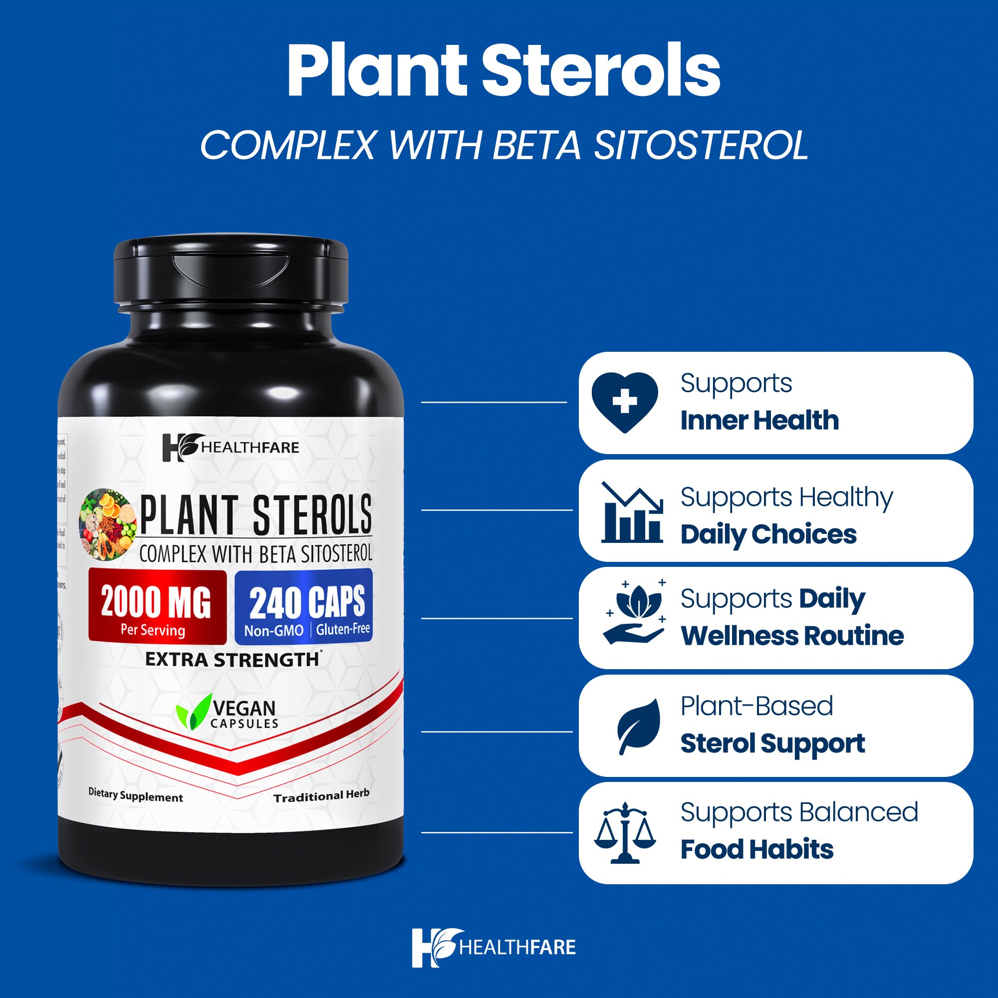 Healthfare Plant Sterols Capsules 2000mg | 240 Vegan Capsules | Beta Sitosterol & Phytosterol Complex | Plant-Based Supplement | Non-GMO & Gluten-Free | Made in the USA Healthfare uk supplements