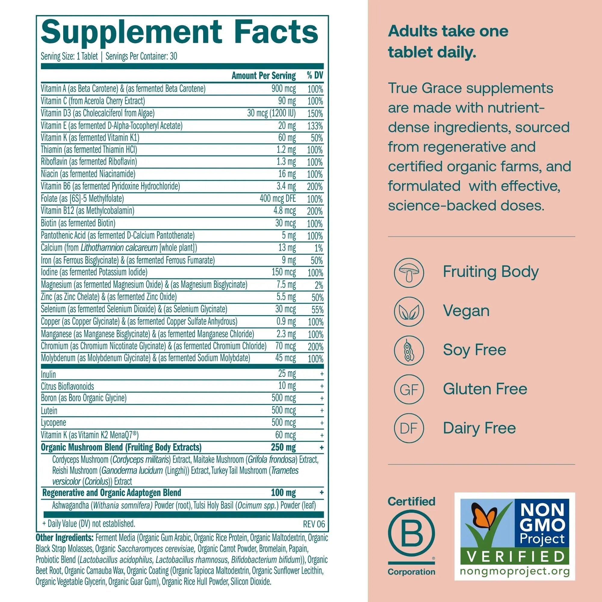 True Grace One Daily Women’s Multivitamin Fermented Minerals, Organic Adaptogens & Mushrooms Whole Body Balance, Immune, Energy, Beauty Support True Grace uk supplements