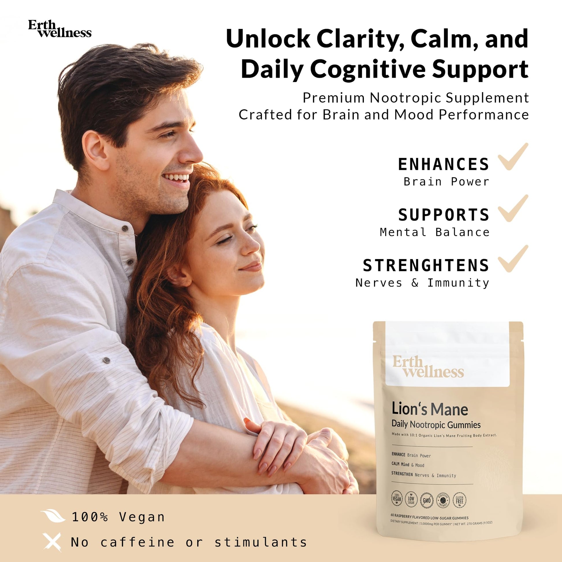 Erth Wellness Lion’s Mane Mushroom Gummies – 10,000mg Fruiting Body Extract per Serving – Brain & Focus Support – Daily Nootropic – Vegan, Low Sugar, Non-GMO – 60 Ct Erth Wellness uk supplements