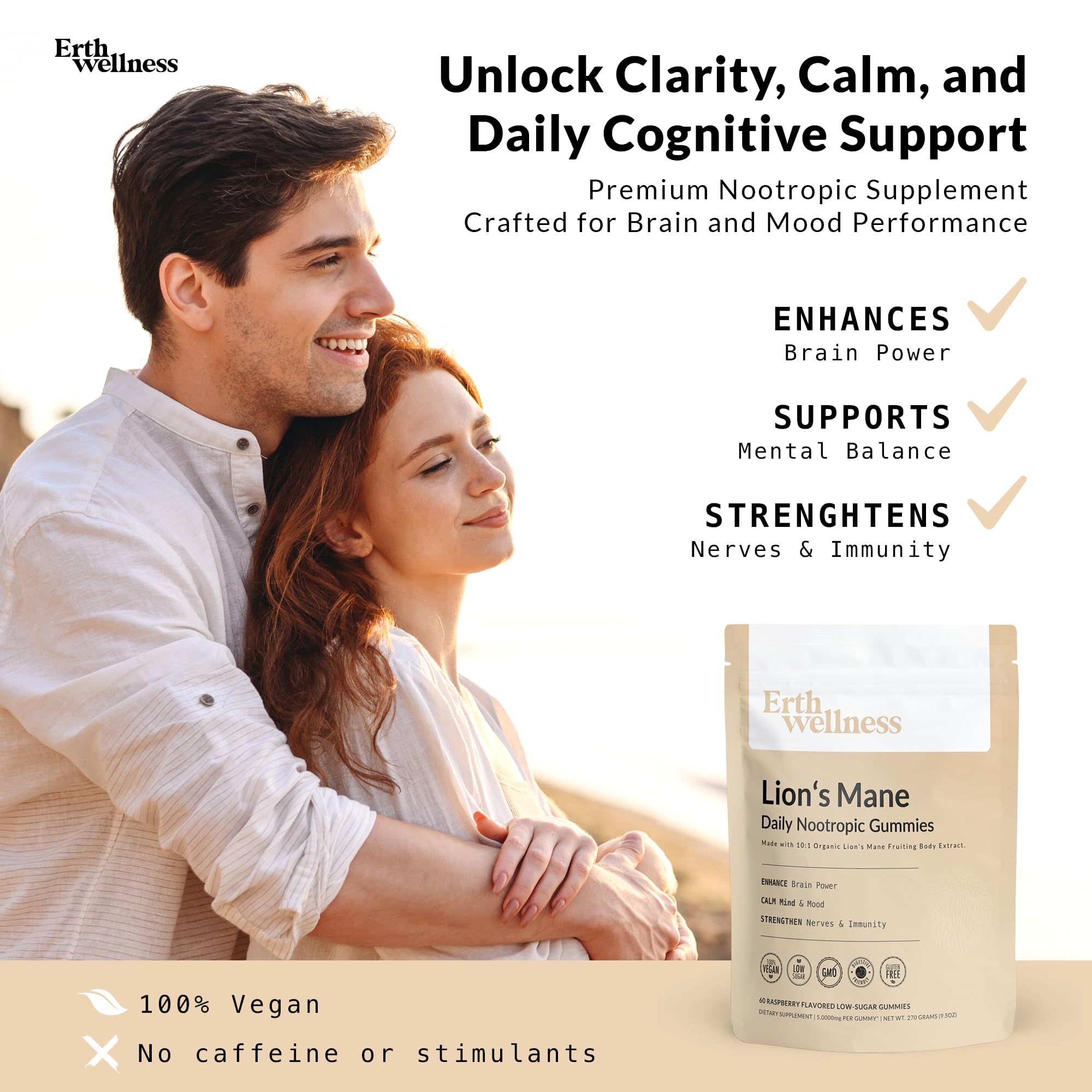 Erth Wellness Lion’s Mane Mushroom Gummies – 10,000mg Fruiting Body Extract per Serving – Brain & Focus Support – Daily Nootropic – Vegan, Low Sugar, Non-GMO – 60 Ct Erth Wellness uk supplements