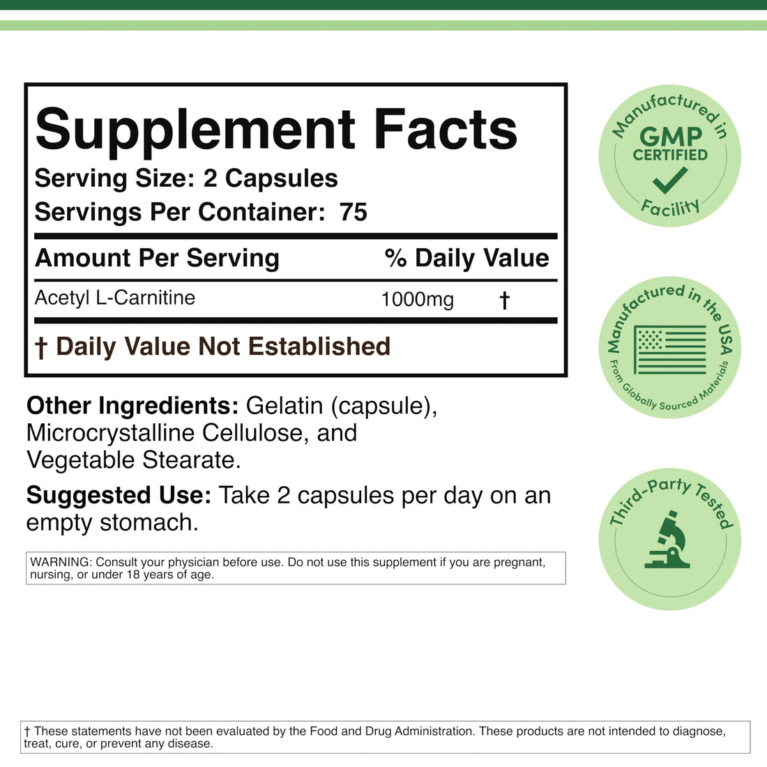 Acetyl L-Carnitine 1,000mg Per Serving, 150 Capsules (ALCAR for Brain Function Support, Memory, Attention, and Stamina) Acetyl L Carnitine That is Third Party Tested by Double Wood Double Wood Supplements uk supplements