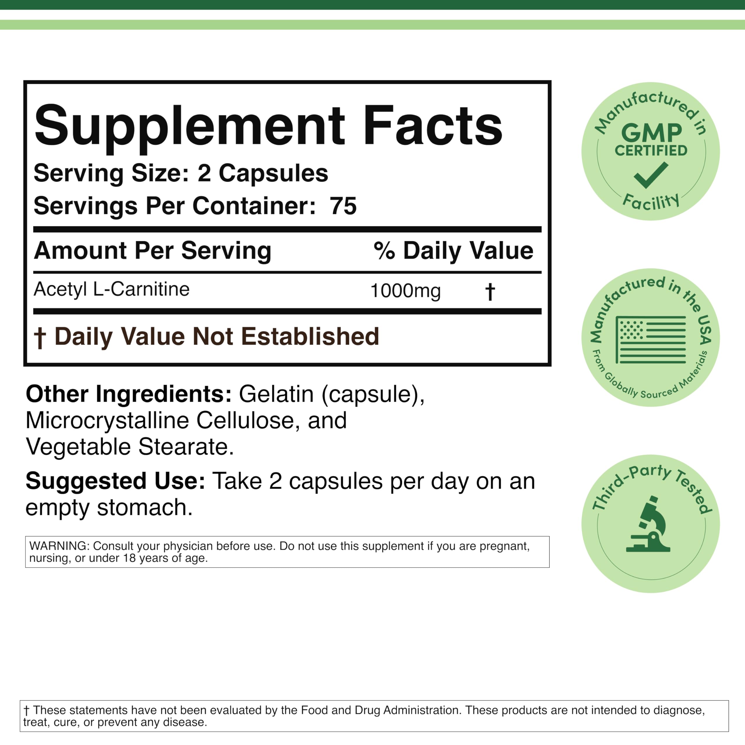 Acetyl L-Carnitine 1,000mg Per Serving, 150 Capsules (ALCAR for Brain Function Support, Memory, Attention, and Stamina) Acetyl L Carnitine That is Third Party Tested by Double Wood Double Wood Supplements uk supplements