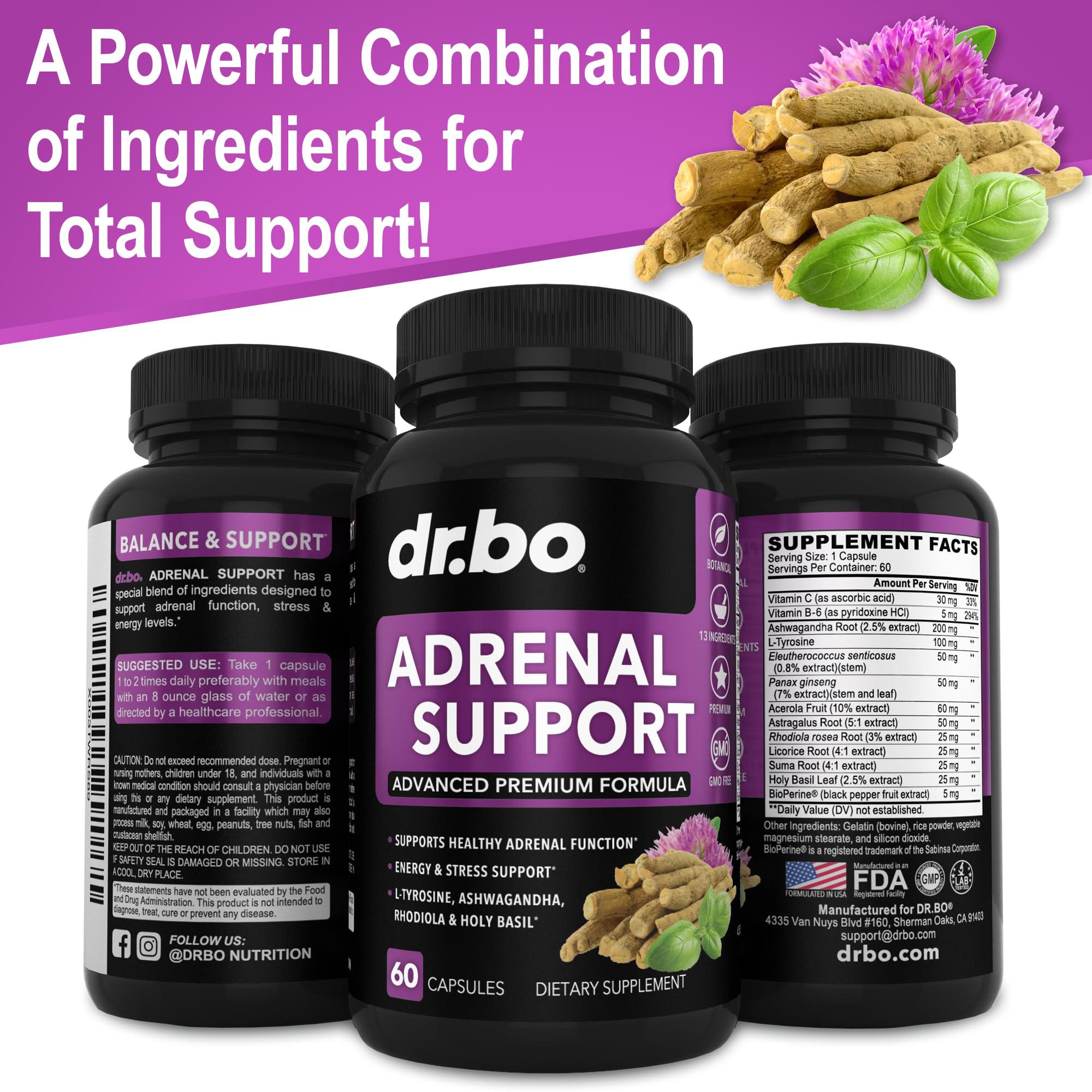 Adrenal Support Cortisol Manager Supplement - Adrenal Fatigue Supplements for Women & Men with Natural Adaptogen Ashwagandha Holy Basil Rhodiola L Tyrosine Complex Fatigue Cortisol Health - 60 Pills DR. BO uk supplements