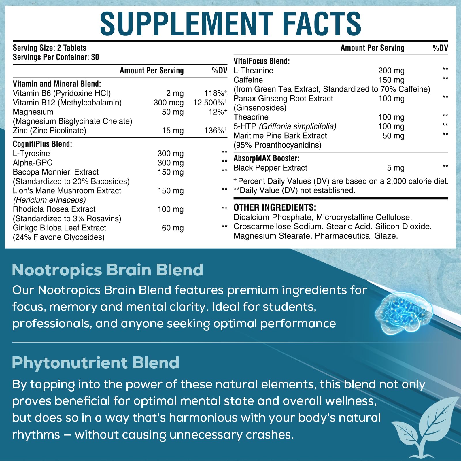 17-in-1 Brain Supplement for Memory and Focus | Natural Nootropics Brain Supplement for Brain Cognition, Energy | High Absorption | L-Theanine, Phytonutrient Blend and Vitamins B6, B12 | 60 Tablets SehatiKu uk supplements