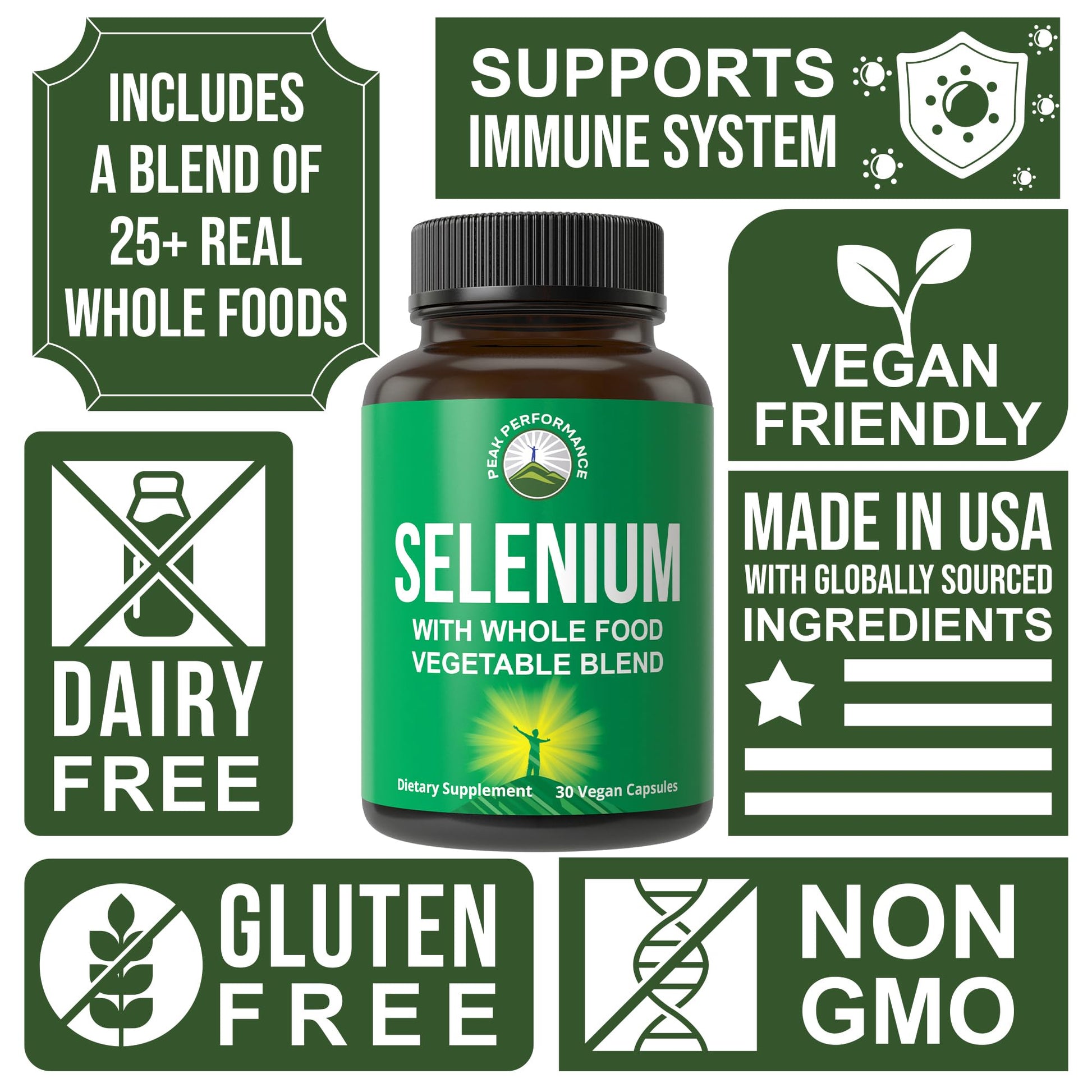 Selenium Supplement with Whole Food Blend of 25+ Vegetables and Fruits for Max Absorption. Pure Selenium Vegan Capsules for Immune System, Thyroid Support, Heart Health, Prostate Support. 30 Pills Peak Performance uk supplements