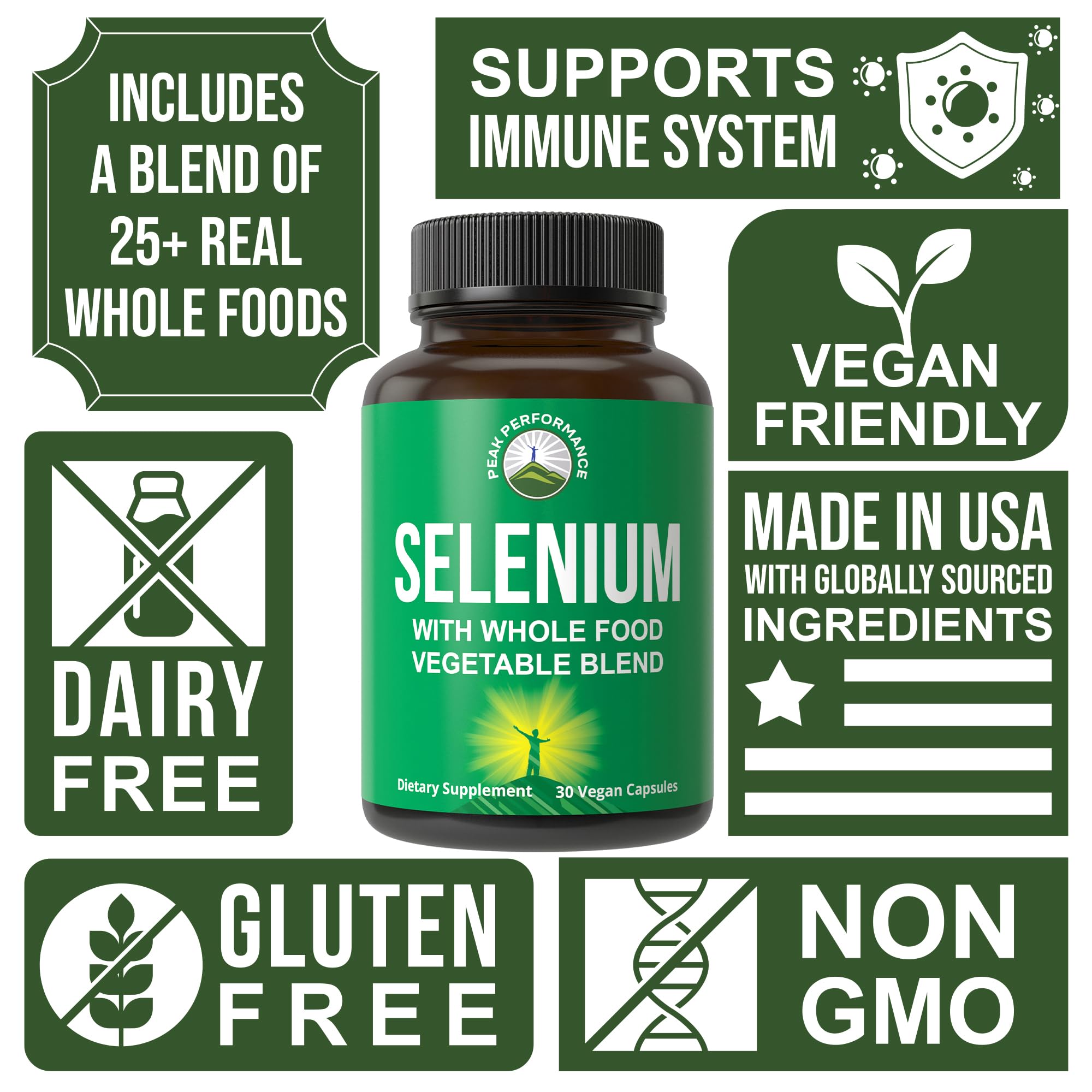 Selenium Supplement with Whole Food Blend of 25+ Vegetables and Fruits for Max Absorption. Pure Selenium Vegan Capsules for Immune System, Thyroid Support, Heart Health, Prostate Support. 30 Pills Peak Performance uk supplements