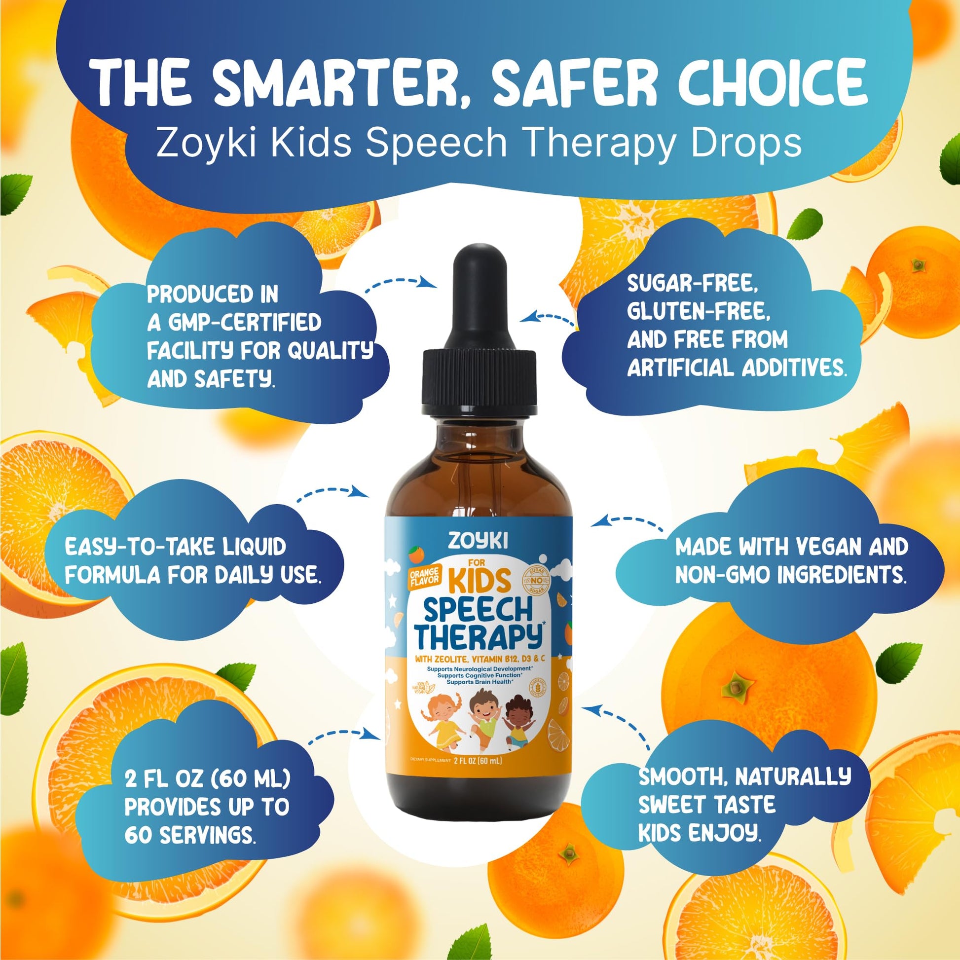 Zoyki Speech Therapy Drops for Kids - Speech Support Supplement for Communication Delay Cognitive Function Language & Brain Development with Zeolite Vitamins B12 D3 C - Sugar Free Gluten-Free Vegan Zoyki uk supplements