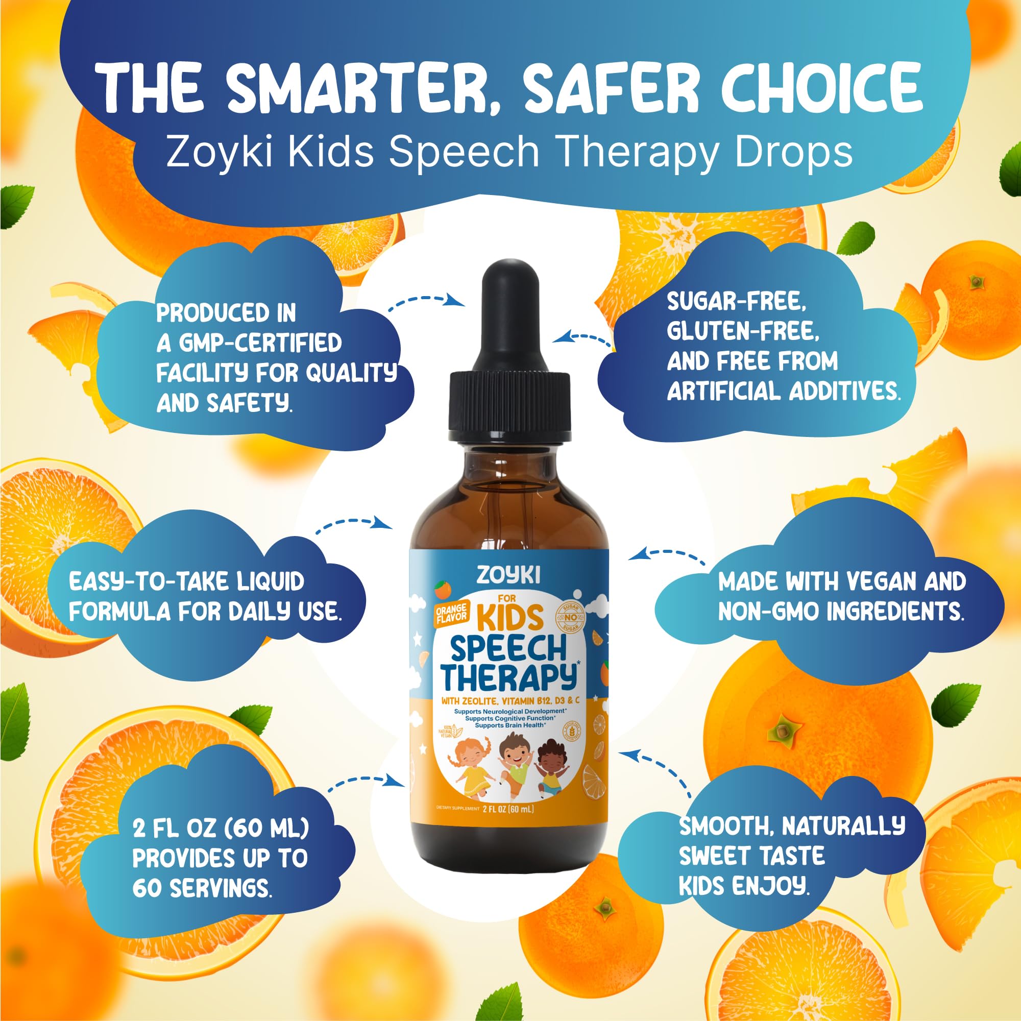 Zoyki Speech Therapy Drops for Kids - Speech Support Supplement for Communication Delay Cognitive Function Language & Brain Development with Zeolite Vitamins B12 D3 C - Sugar Free Gluten-Free Vegan Zoyki uk supplements
