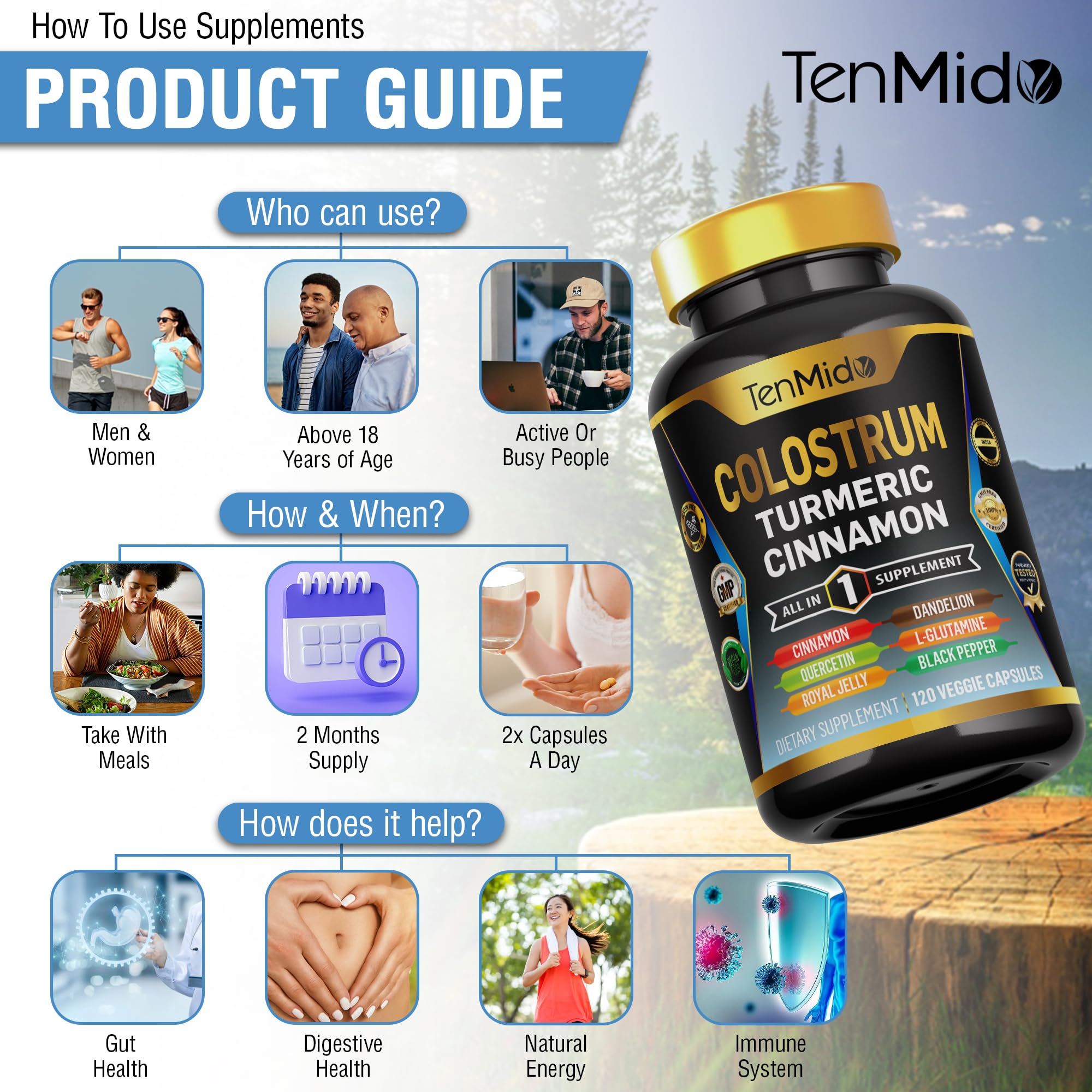 Tenmido Colostrum Supplement - 8in1 Formula - Combine with Turmeric, Ceylon Cinnamon, Quercetin, Royal Jelly, Dandelion, L- Glutamine, and Black Pepper - Digestive Health Support - 120 Capsules Tenmido uk supplements